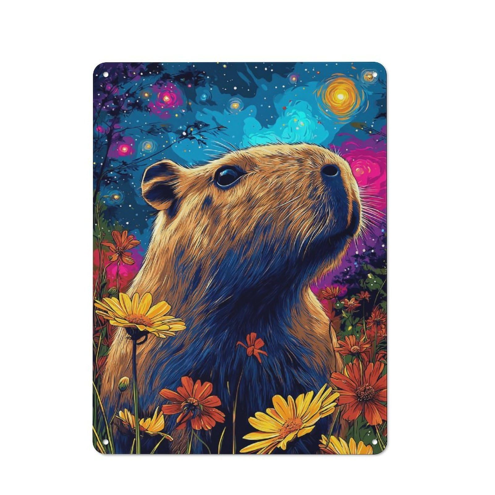 Junmoney Capybara In A Dreamy Garden Tin Sign With Design 40X30cm, Vintage Workshop Wall Decor For Tool Room, Garage, Studio Or Home Bar