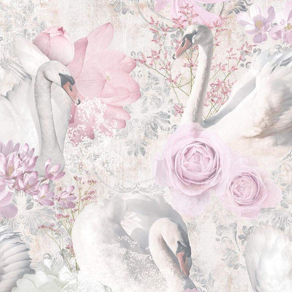Yöl White,Pink,Silver Glitter Swans Wallpaper Pink White Silver Damask Floral Textured Cygnet