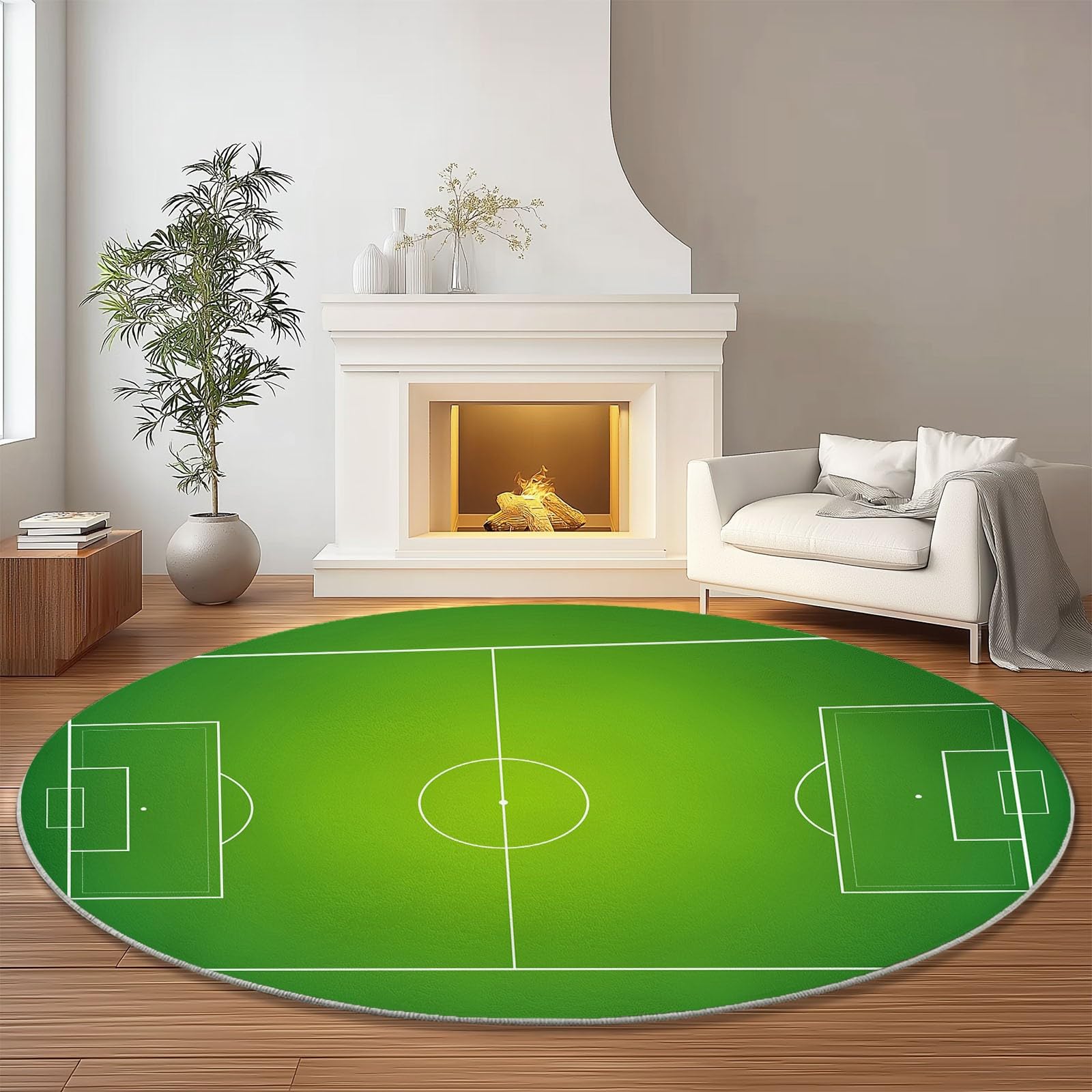 Generisch Teppich Rund Einfach Linien Fußballfeld Drucken rutschfest Waschbar Runder Teppich 150 cm für Wohnzimmer Kinderzimmer Büro Korridor, Weich Flaumig Flanell Teppiche Grün