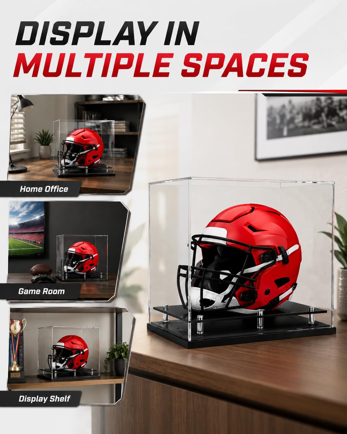 Fußballhelm-Vitrine in voller Größe, selbstmontierbare Acryl-Helmvitrine mit schwarzem Schutz-Halter, UV-Schutz, transparent, Sport-Memorabilien, Vitrine für Basketball-Sneaker