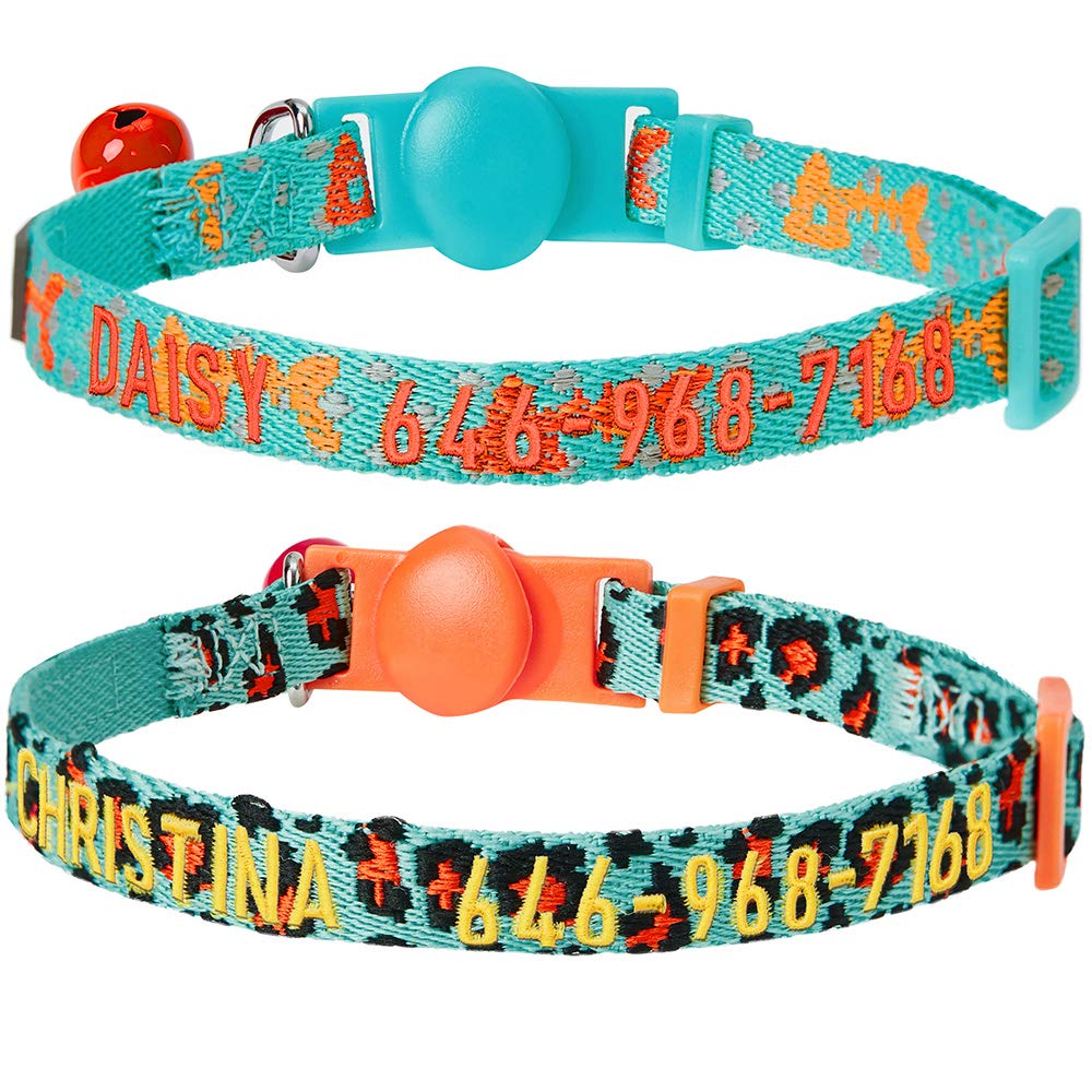 Blueberry Pet Pack of 2 Personalized Hunting Expedition with Fish Bone and Leopard Print Cat Collars with Bell, Adjustable Breakaway ID Collars Embroidered with Pet Name & Phone Number