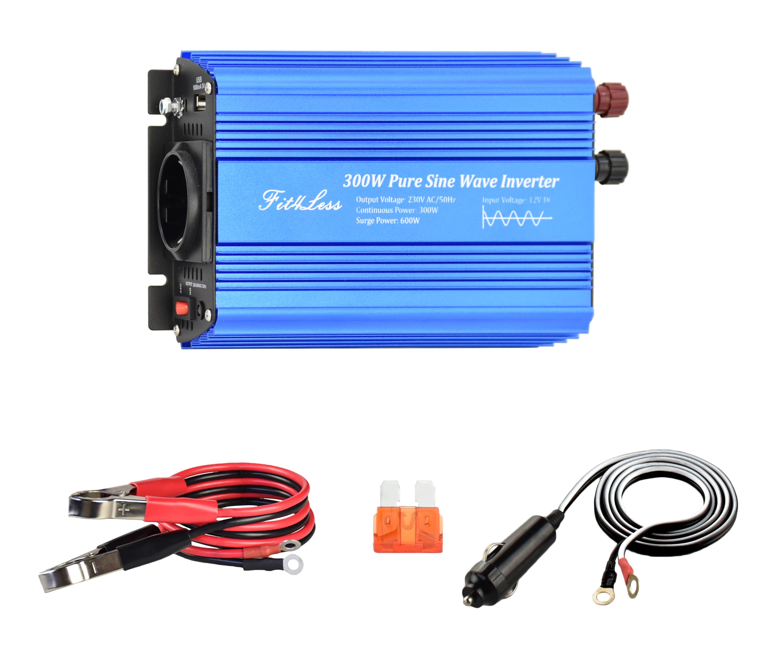 Reiner Sinus-wechselrichter 300 Watt mit Deutsche Steckdosen,DC 5 V 2 A USB-Ausgang (300W)