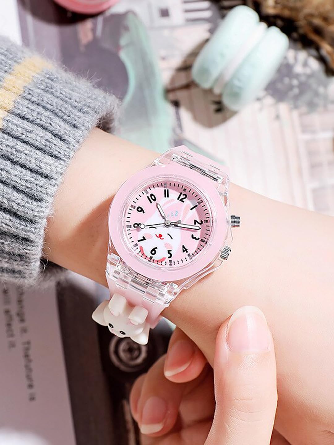 Shocknshop Silicone 3D Rabbit Children Kids Multi Color Analog Led Lights Watch for Girls Gift Birthday Baby Girl Watches Suitable of Age 3-13 Years (Pink Rabbit) 4
