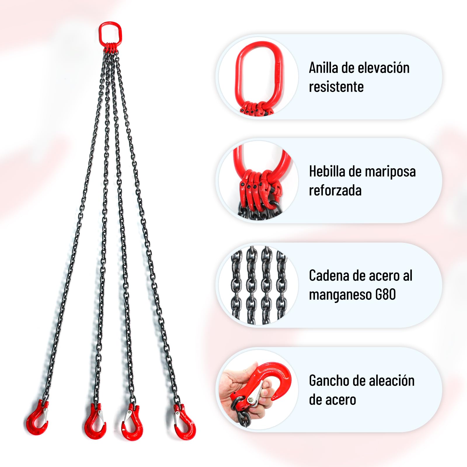 Cadena de Elevación G80 3000 kg 4 Cadenas con Ganchos