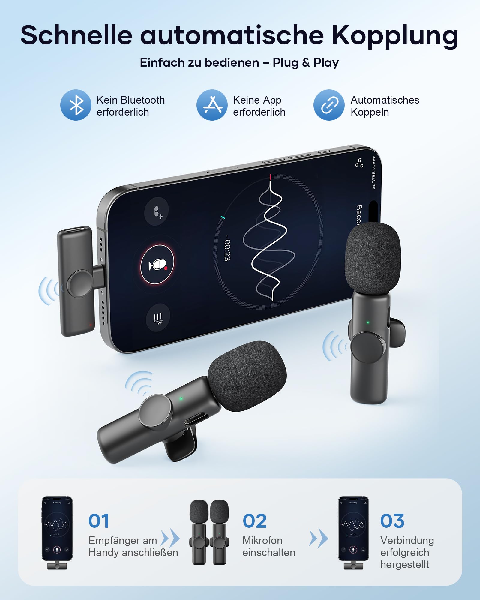 CZOCPOS Kabelloses Lavalier Mikrofon 2er Set, Mini Mikrofon für iPhone, iPad & Android Handy, Mikrofon Handy mit Geräuschunterdrückung, Plug & Play, ideal für Video, Podcast, YouTube, TikTok,Schwarz