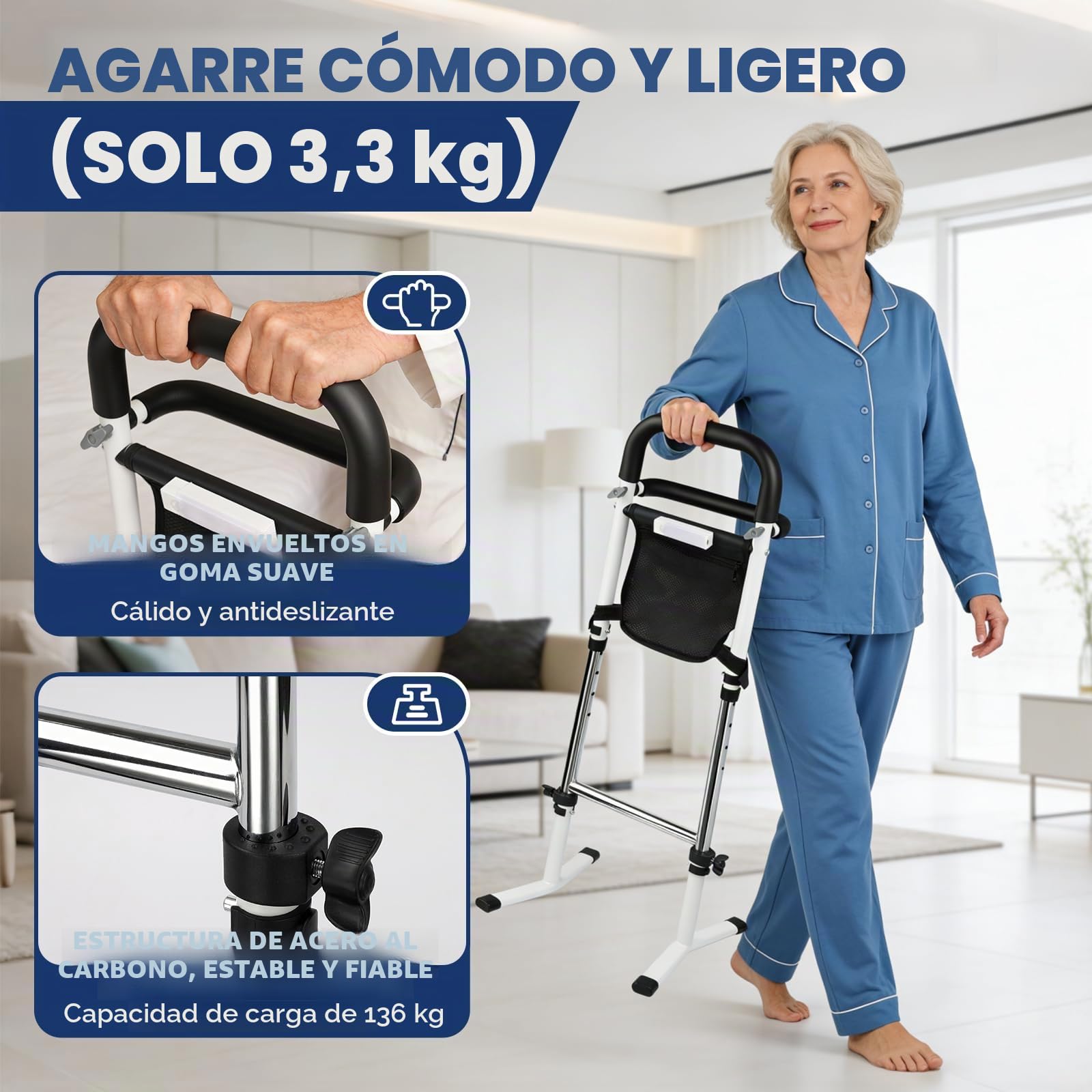 Soporte de Ayuda para Levantarse para Personas Mayores con Barandales Duales, Ayuda de Pie con Luz con Sensor y Bolsa, Altura Ajustable (72-87cm), para Inodoro, Cama y Sofá, Capacidad 136kg