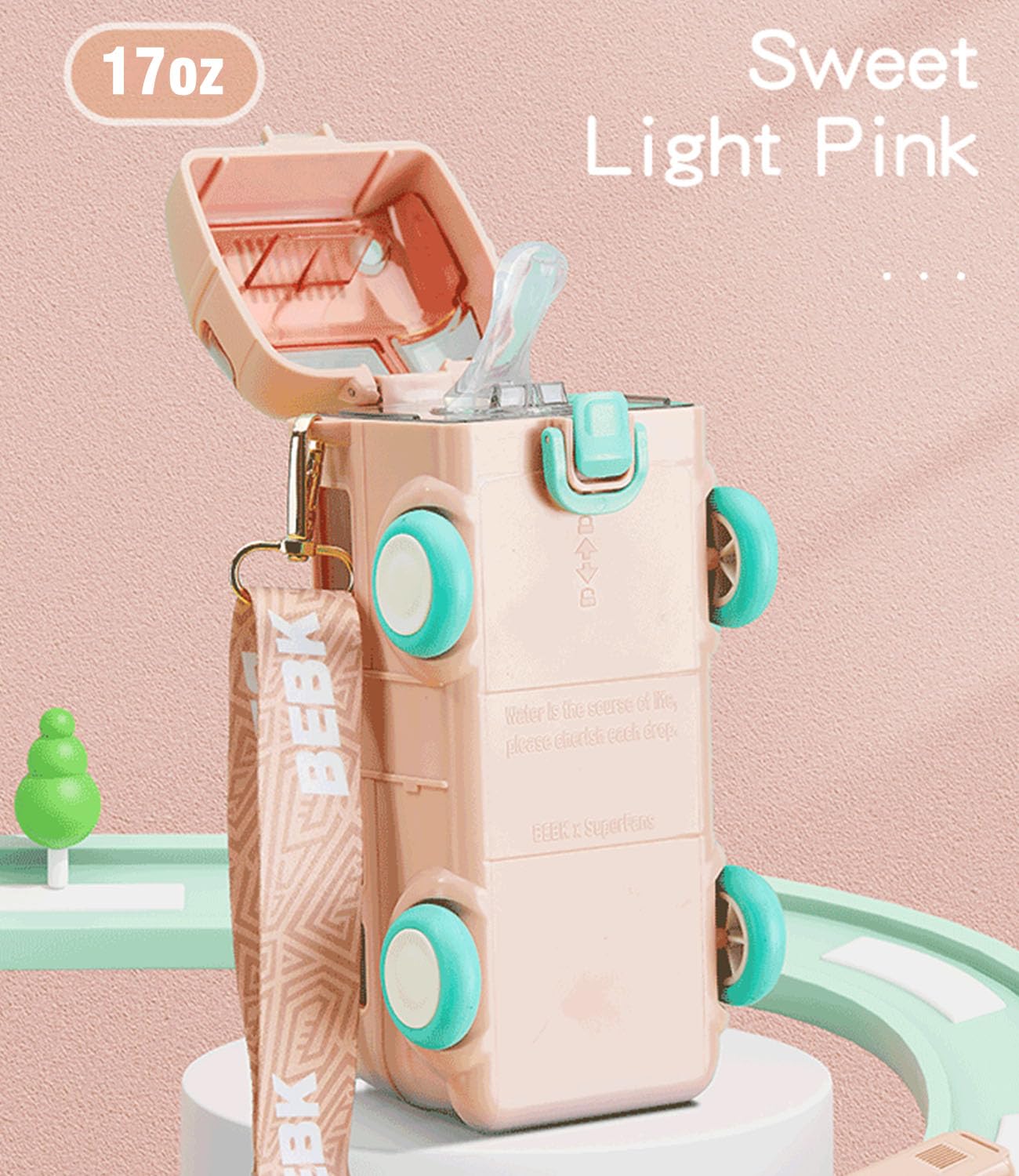 Hxoliqit 1PC Coffee Tumbler Water Bottle With Cute Cartoon Bus Design Removable Fun Toy Water Bottle With Adjustable Shoulder Strap Is Easy To Carry Suitable For Camping Trips Pink