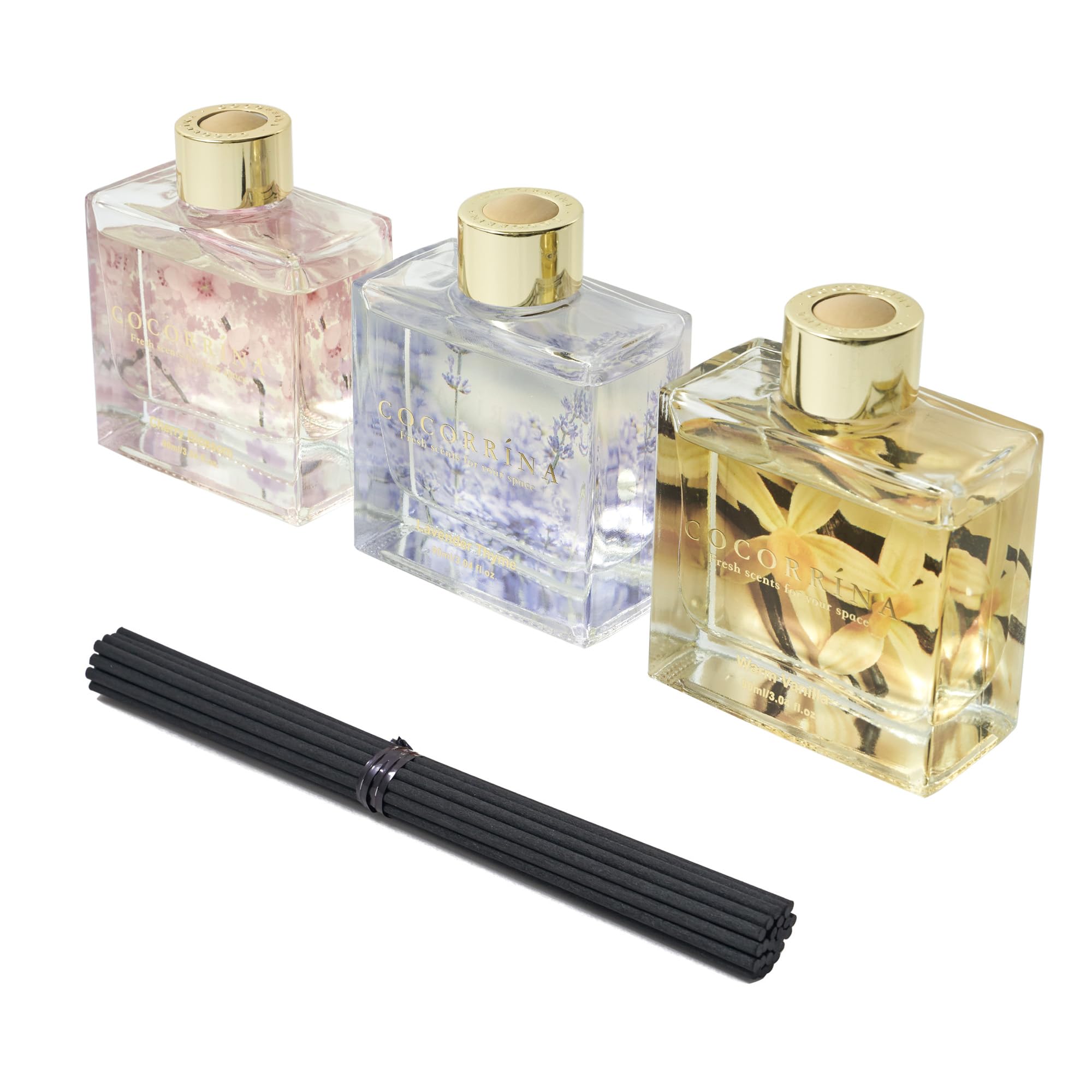 COCORRÍNA Schilfrohr-Diffusor-Set, 3 Stück, 3 Stück / 3,04 Fl.oz Diffusor mit 24 Stäbchen, warme Vanille/Kirschblüte/Lavendel Thymian Schilfrohr-Diffusor für Zuhause, Badezimmer, Büro,