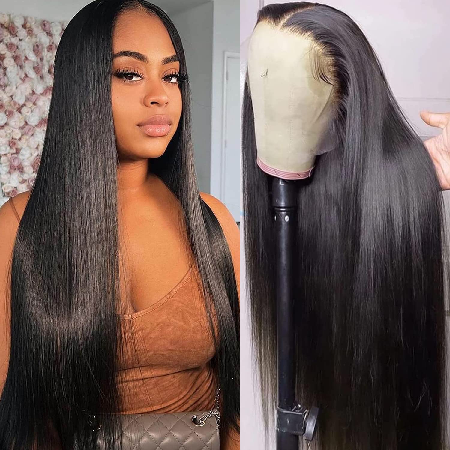 Straight Lace Front Wigs Human Hair Pre Plucked 13x4 Glueless Wigs Human Hair Straight Human Hair Wigs for Black Women HD Transparent Lace Frontal Wigs 180% Density (22 inch)