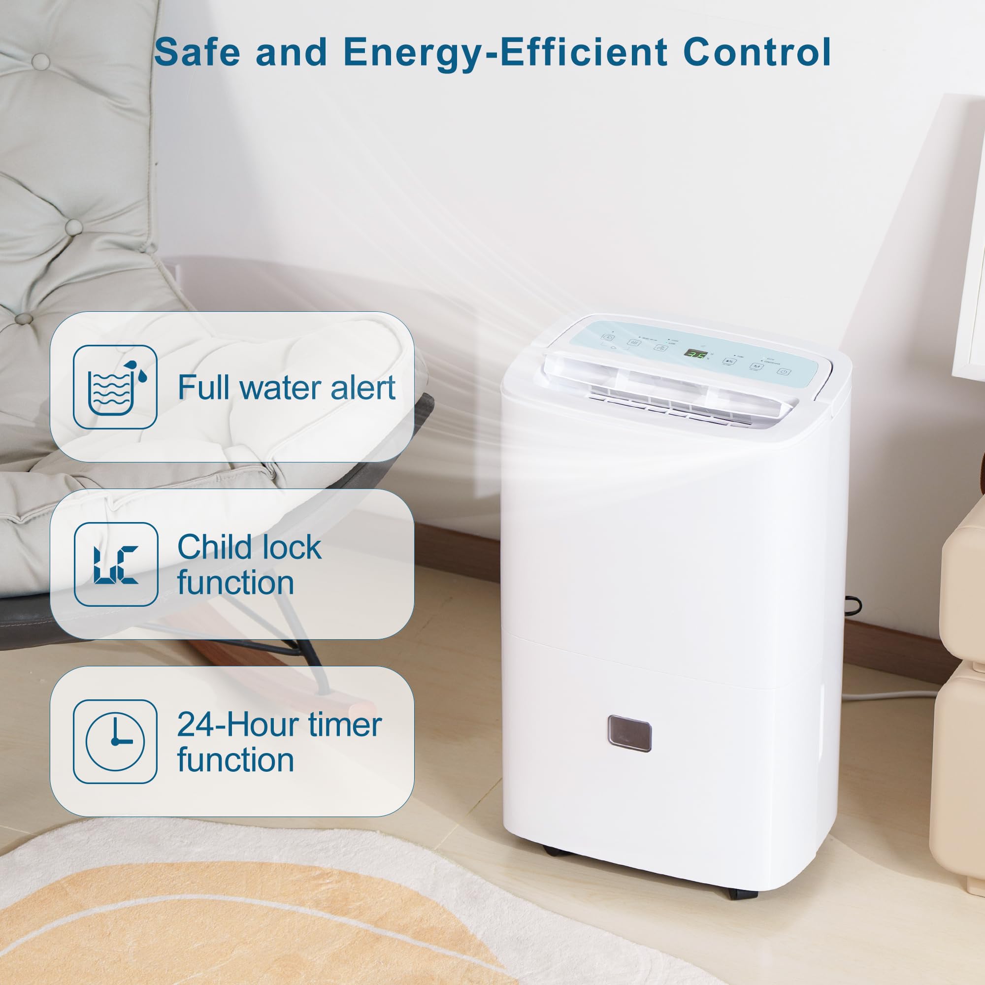 Deshumidificador Silencioso Bomba Automático: Control Humedad 90L/Día 240m² 43dB Bajo Consumo para Baño Habitación Cocina Garaje Sótano Apartamento Trastero Lavandería