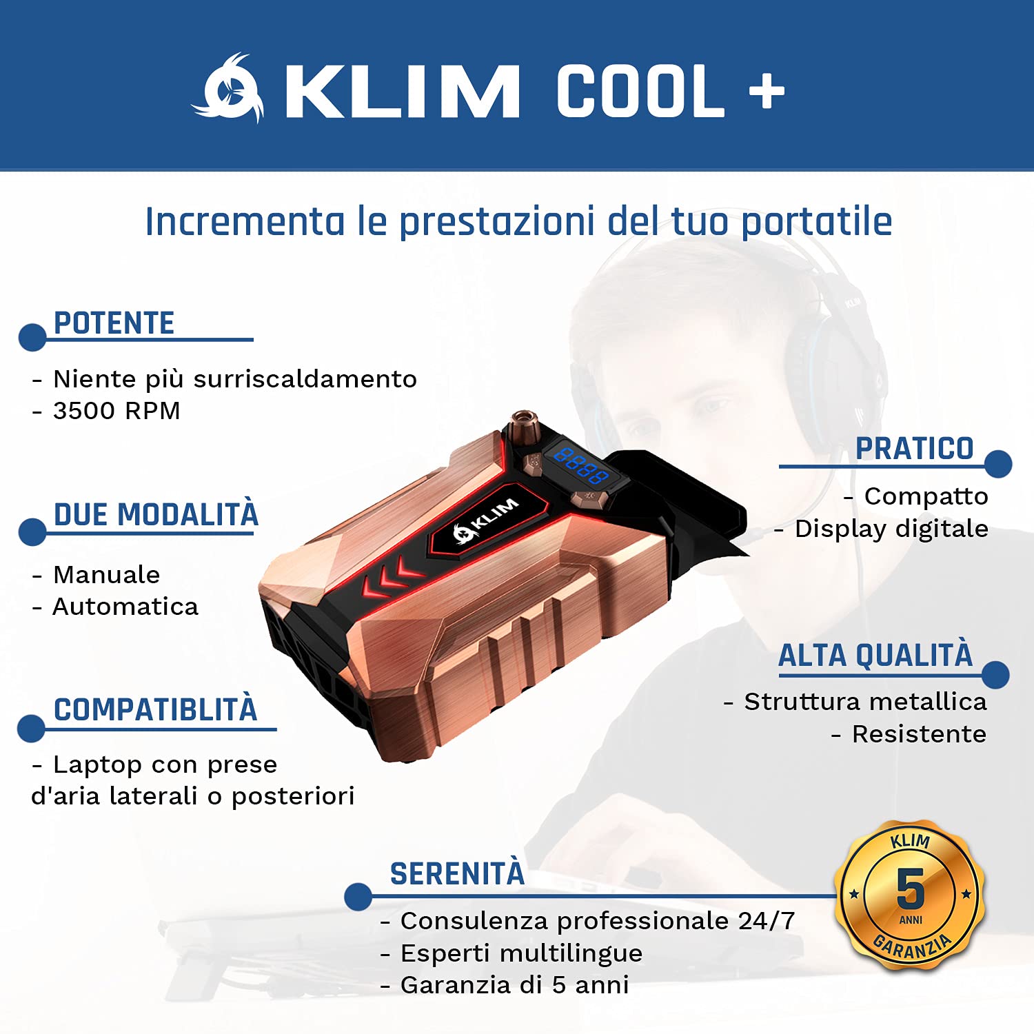 KLIM Cool + Sistema di Raffreddamento Laptop in Metallo – Il Più Potente – Air Vacuum USB per Raffreddamento Immediato – Cooling Pad Contro il Surriscaldamento - Nouva