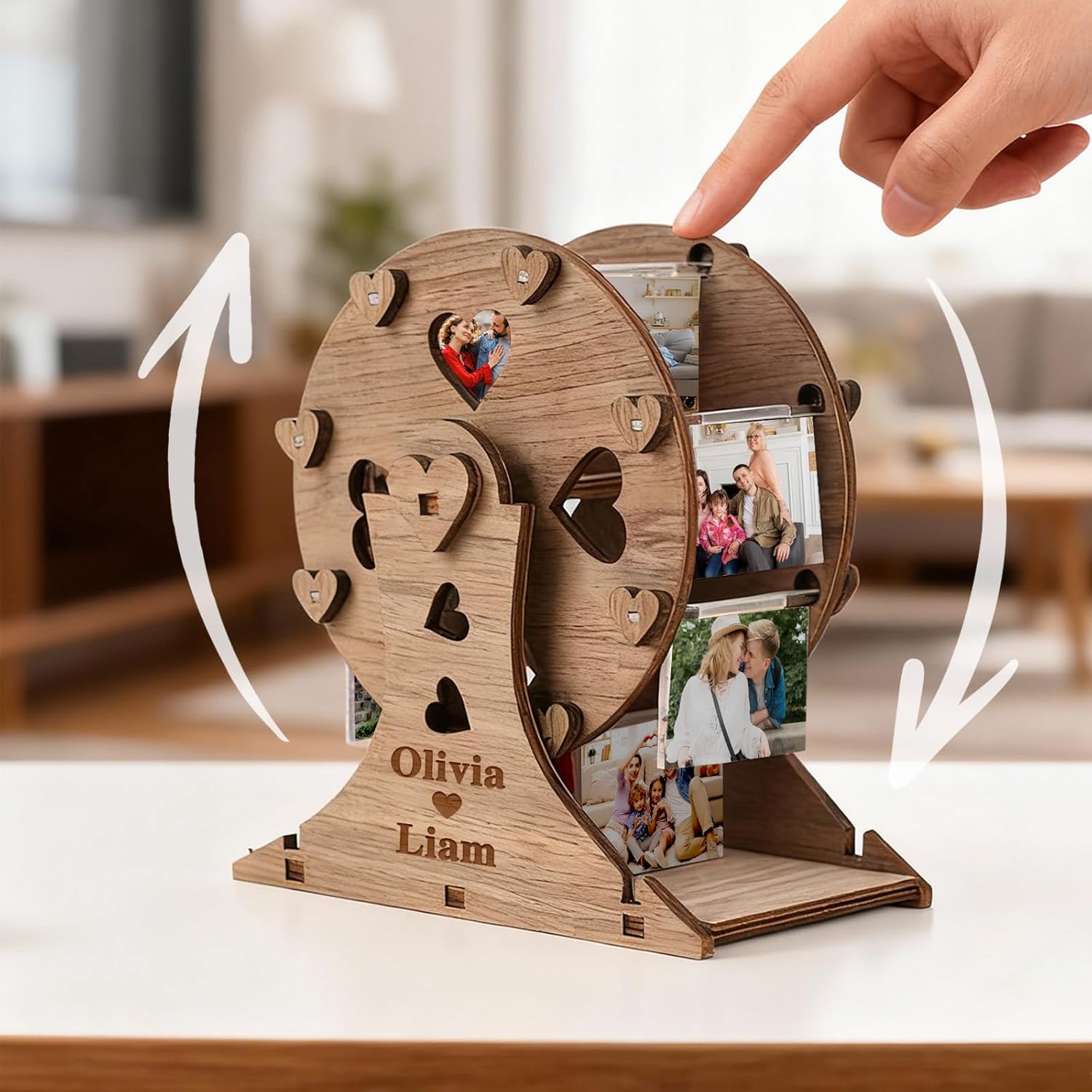 Dyoart Personalized Memorial Photo Ferris Wheel Frame, Custom Valentines Day Gifts for Him Her, Customized Wood Rotating Picture Frames, Birthday Gift Home Decor for Family