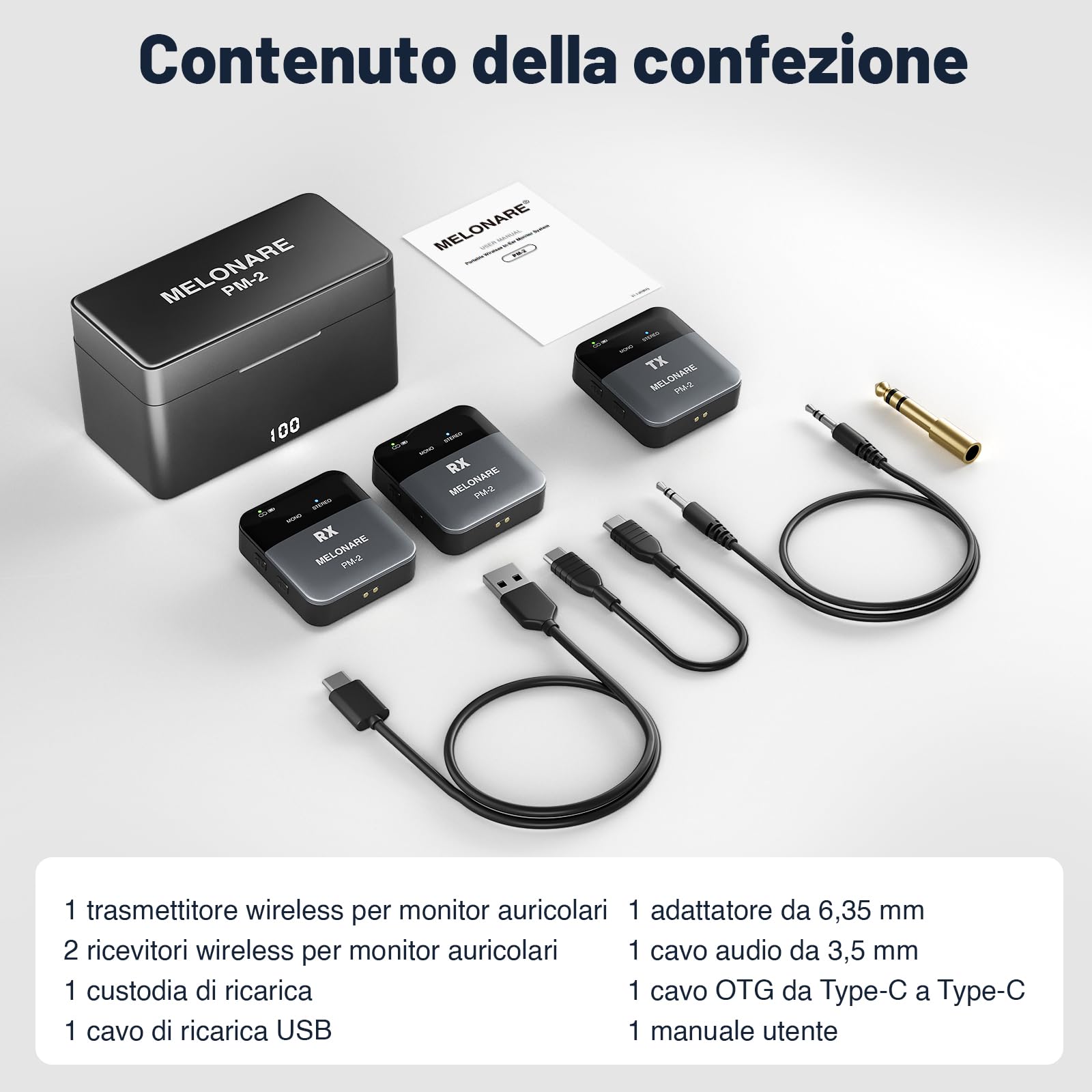 MELONARE PM-2 Sistema di Monitoraggio In-Ear Portatile Senza Fili con Custodia di Ricarica, Trasmettitore e Ricevitore Audio Senza Fili, Audio 24bit/48kHz, Ingresso OTG, Interruttore Mono/Stereo, IEM