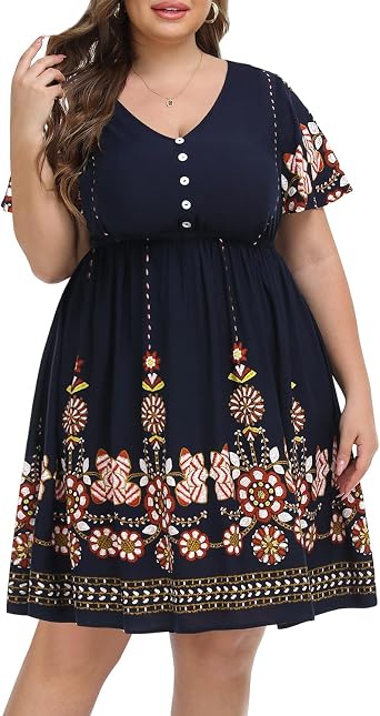 Pinup Fashion Womens Plus Size Boho Button Front Ruffle Dresses Short Sleeve Knee Length Summer Casual Swing Dress