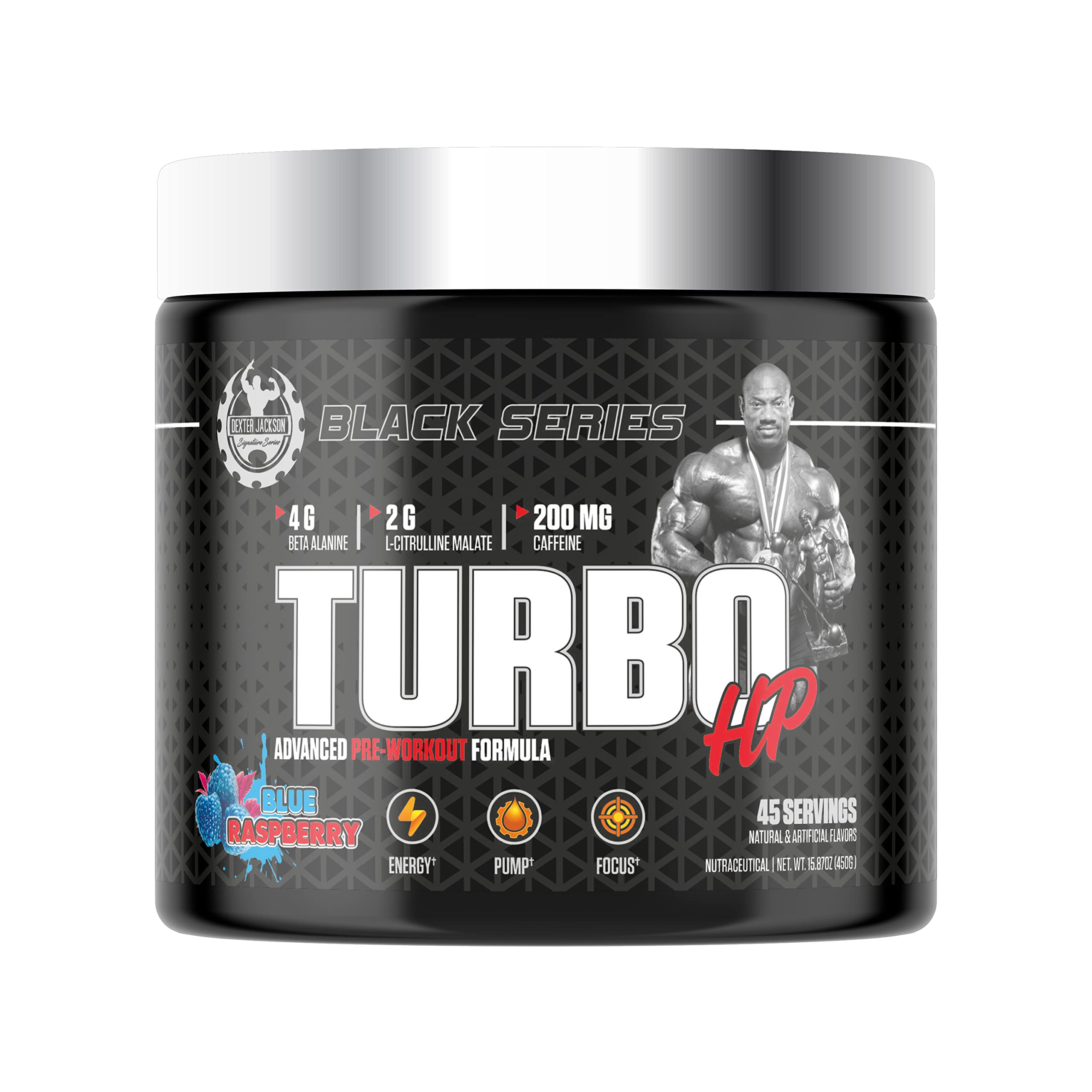 Dexter Jackson Black Series Turbo Hp Pre Workout | Advance Pre Workout Formula | Blue Raspberry Flavor | 45 Servings, 450g |Unleash Your Peak Performance