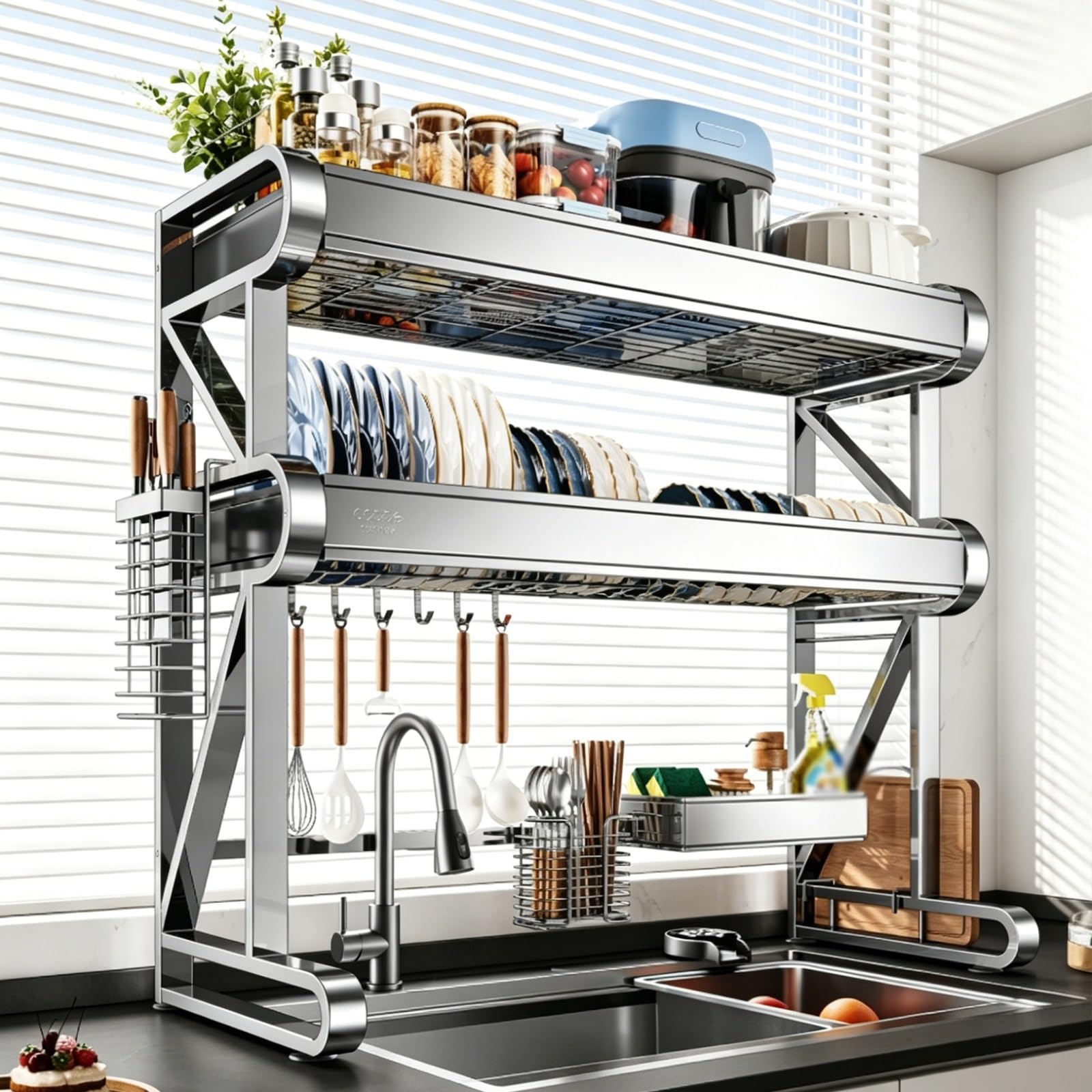 Égouttoir à vaisselle 2 niveaux en inox 304 rangement cuisine multifonction
