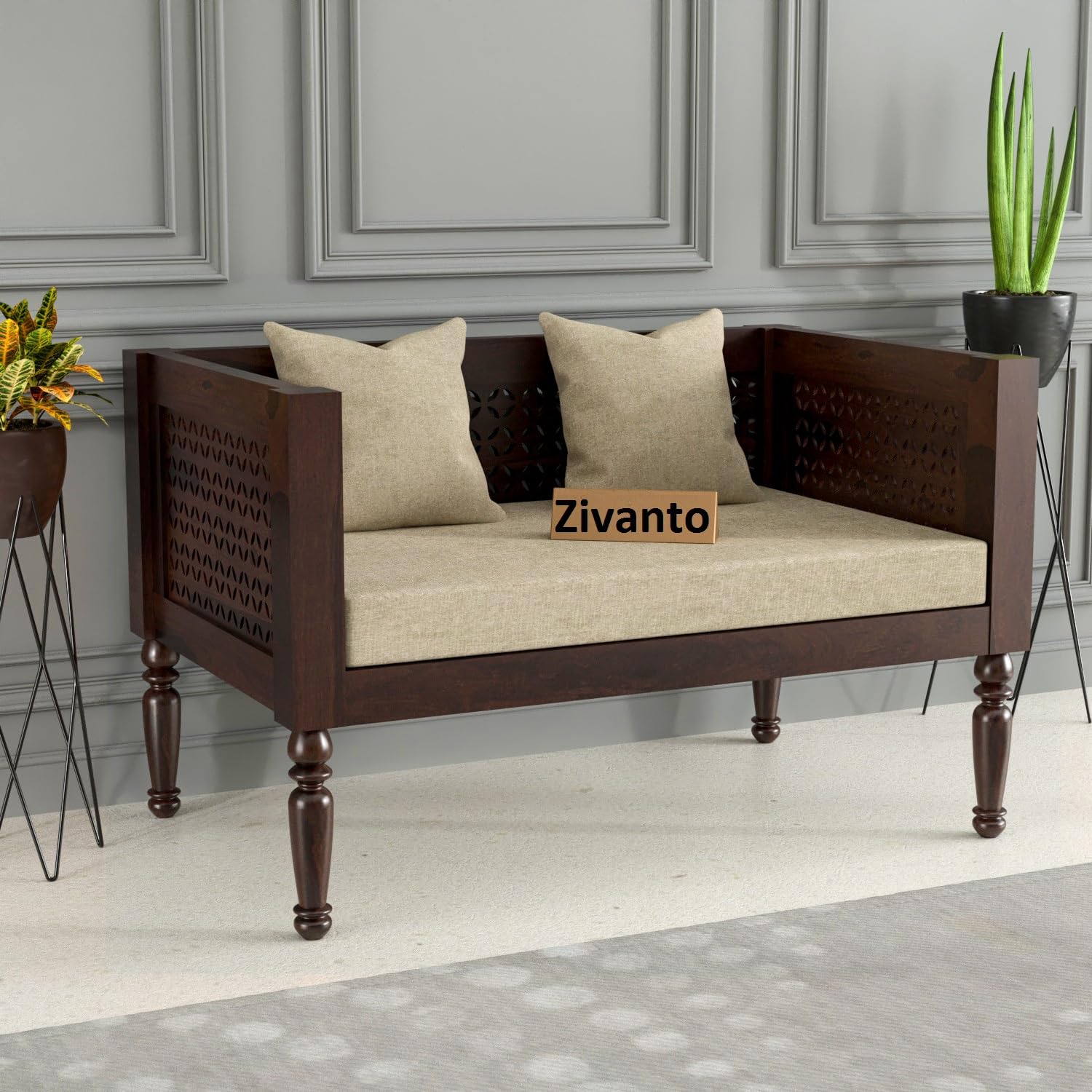 Zivanto Wooden 2 Seater Sofa Set for Living Room & Drawing Room, Capacity: Two Seater, Material: Solid Sheesham Wood, Cushion Color: Beige, Finish: Walnut-image-30
