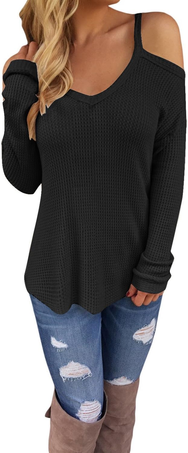 STYLEWORD Women's V Neck Cold Shoulder Loose Fit Knitted Pullover Sexy Casual Sweater Long Sleeve Top