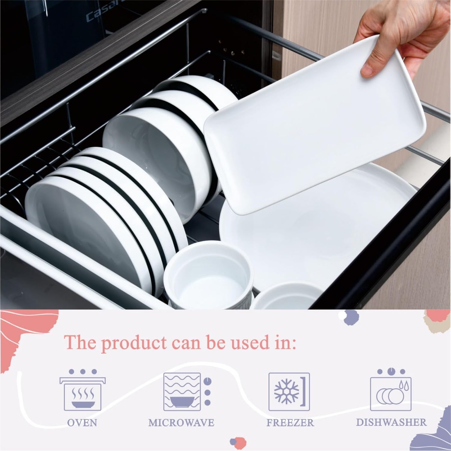 Miicol Small Platters Set of 6, Ceramic Rectangle Plates 9 Inch, Modern Sushi Plate Set, White Serving Dishes for Serving Food, Appetizer, Dessert, Dinner, Party