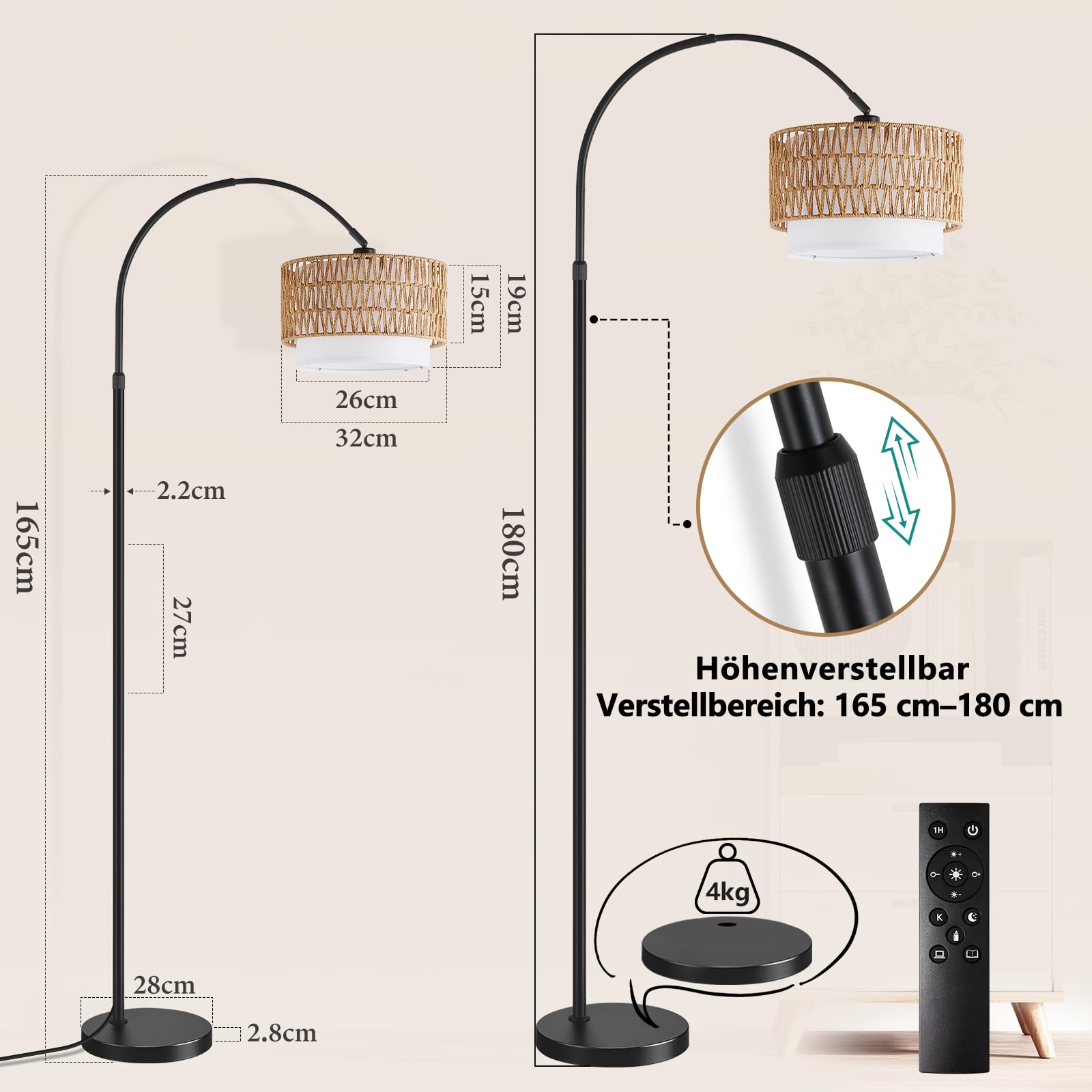 Boho Stehlampe Wohnzimmer Stehleuchte Rattan Bogenlampe Schwarz | Vintage Bogenleuchte Standlampe Bogen Wohnzimmerlampe stehend mit Fernbedienung Leselampe für Schlafzimmer Büro