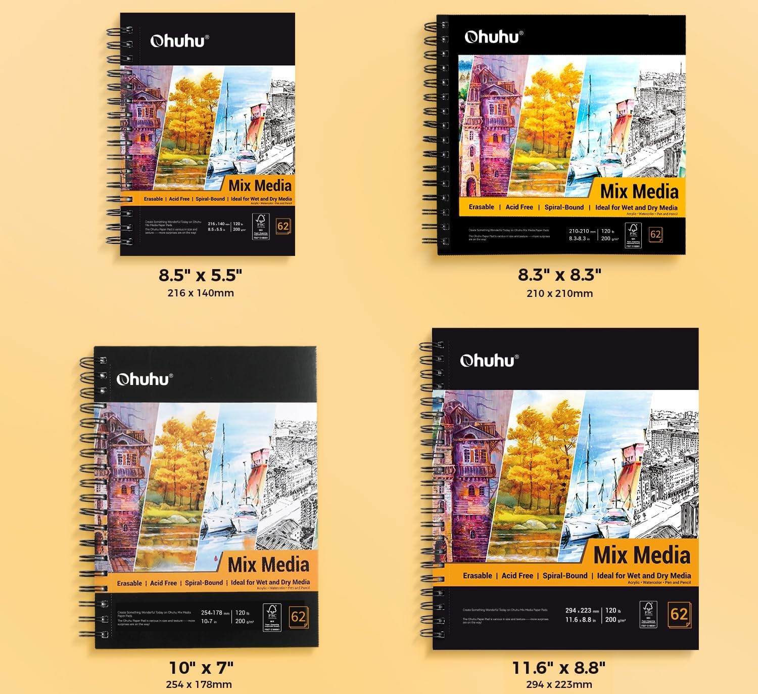 Ohuhu Cuaderno de Dibujo - 124 páginas/62 hoja - 200 g/m² - Tapa Dura - Encuadernado en Espiral - Papel sin ácido, Sketchbook para Marcador Acrílico Acuarela, 225mm x 210mm