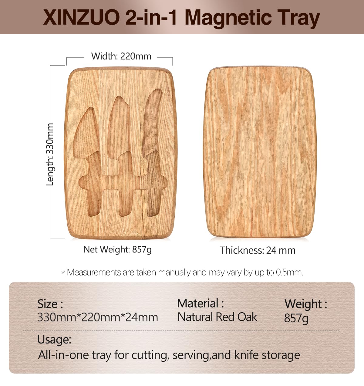 XINZUO Juego de Cuchillos para Queso con Tabla Madera de Roble Rojo y 3 Cuchillos Acero Inoxidable Magnética