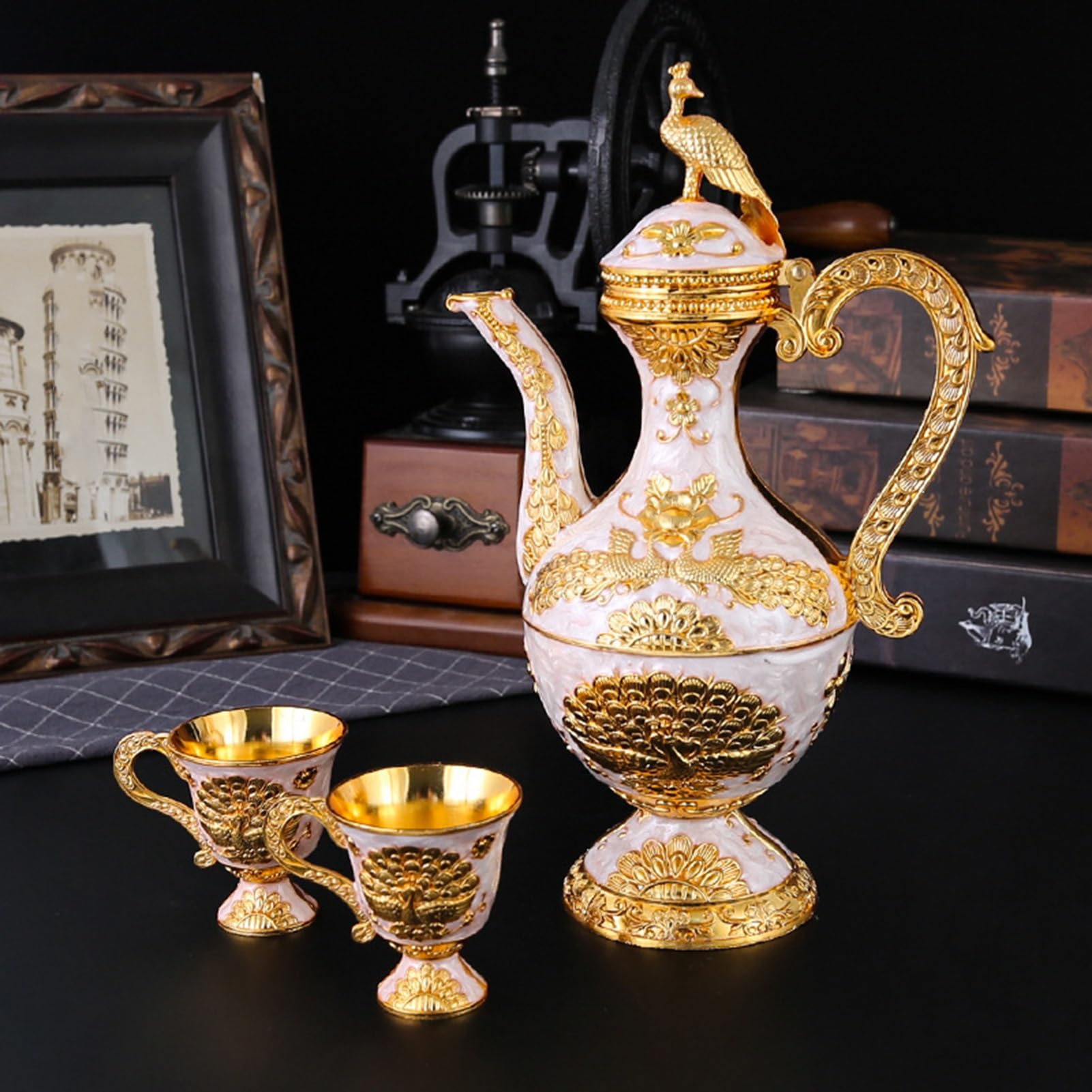 Set di caffettiere vintage in metallo con tazze, vassoio da tè cinese per matrimoni e artigianato domestico