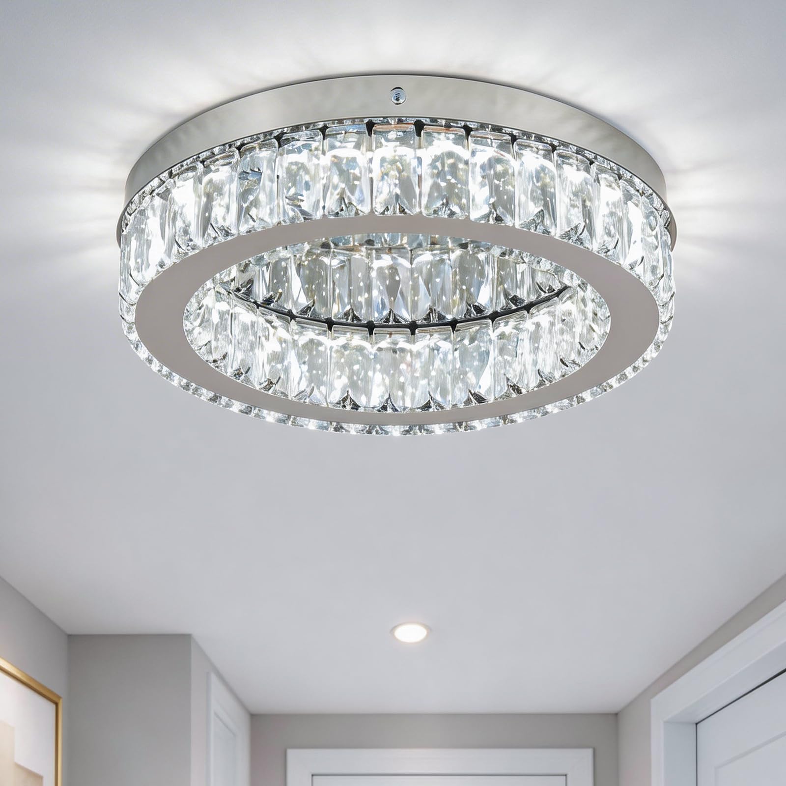 Finktonglan 30cm Runde Kristall LED Deckenleuchte, 6000K Kaltweiß, Flache Deckenlampe, K9 Kristall Edelstahl, Nicht dimmbar, Ohne Fernbedienung, für Schlafzimmer Flur Wohnzimmer