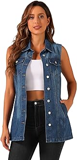 Allegra K Women's Denim Vest Sleeveless Button Down Waistcoat Casual Long Jean Vests