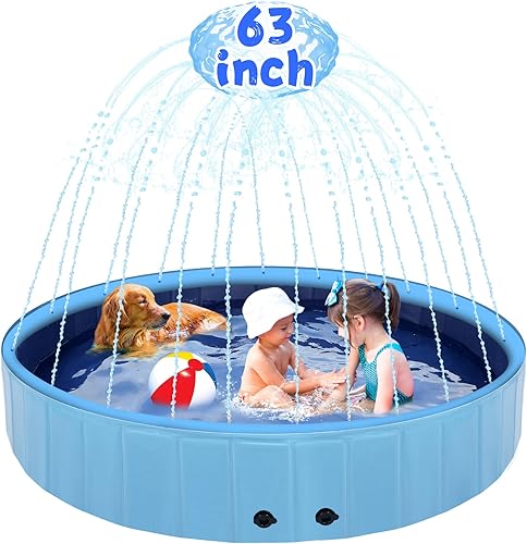Piscina grande para perros de 63 pulgadas con aspersor, piscina plegable 2 en 1, de plástico duro antideslizante, para exteriores, patio trasero,