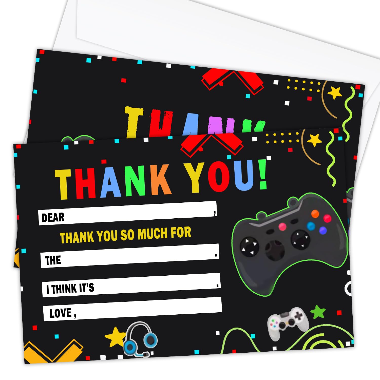 HQLOW Video Game Birthday Party Thank You Notes for Boys Girl, Kids Fill in Thank You Card 20 Cards With 20 Envelopes (4 * 6 inches) -02