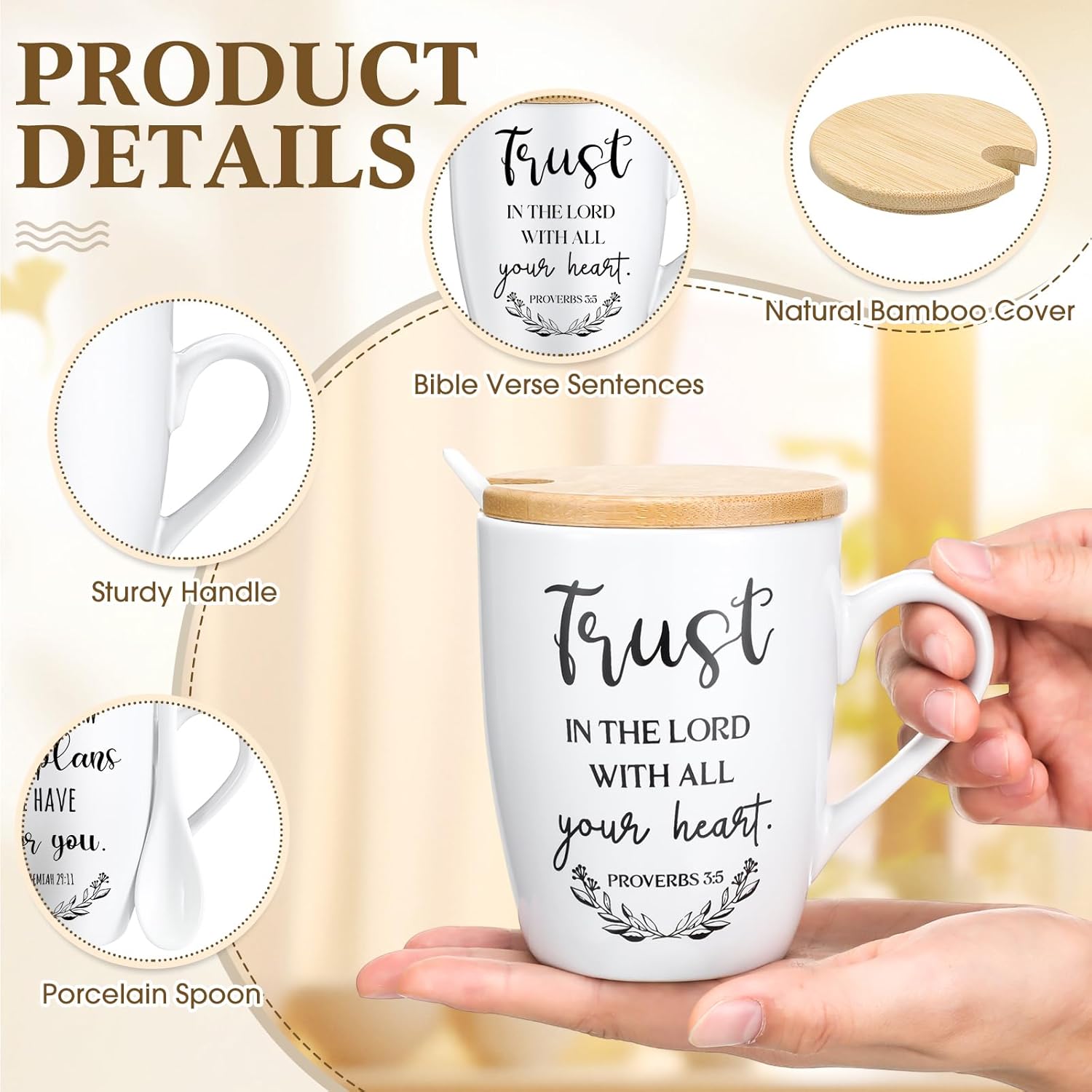 Patelai 6 Set Christian Mugs Bulk 12oz Inspirational Bible Verse Ceramic Coffee Mug with Lid Handle Spoon Religious Gifts for Sunday School Church Men Women Coworker(English) - Image 4