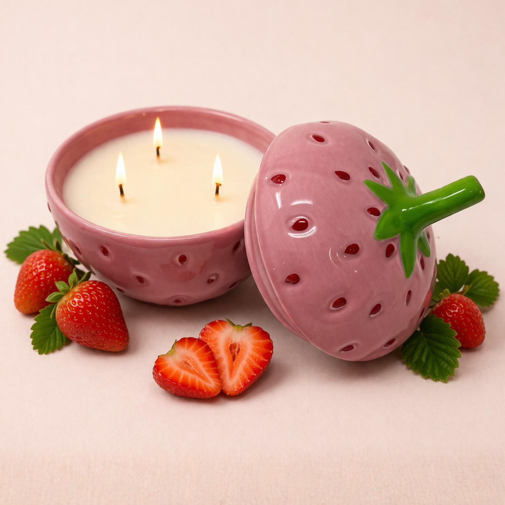 Vela de fresa – Velas perfumadas de 3 mechas de 5 x 5.5, 100 % cera de soja, aromaterapia afrutada altamente perfumada de larga duración, decoración de habitación rosa caprichosa, pequeños