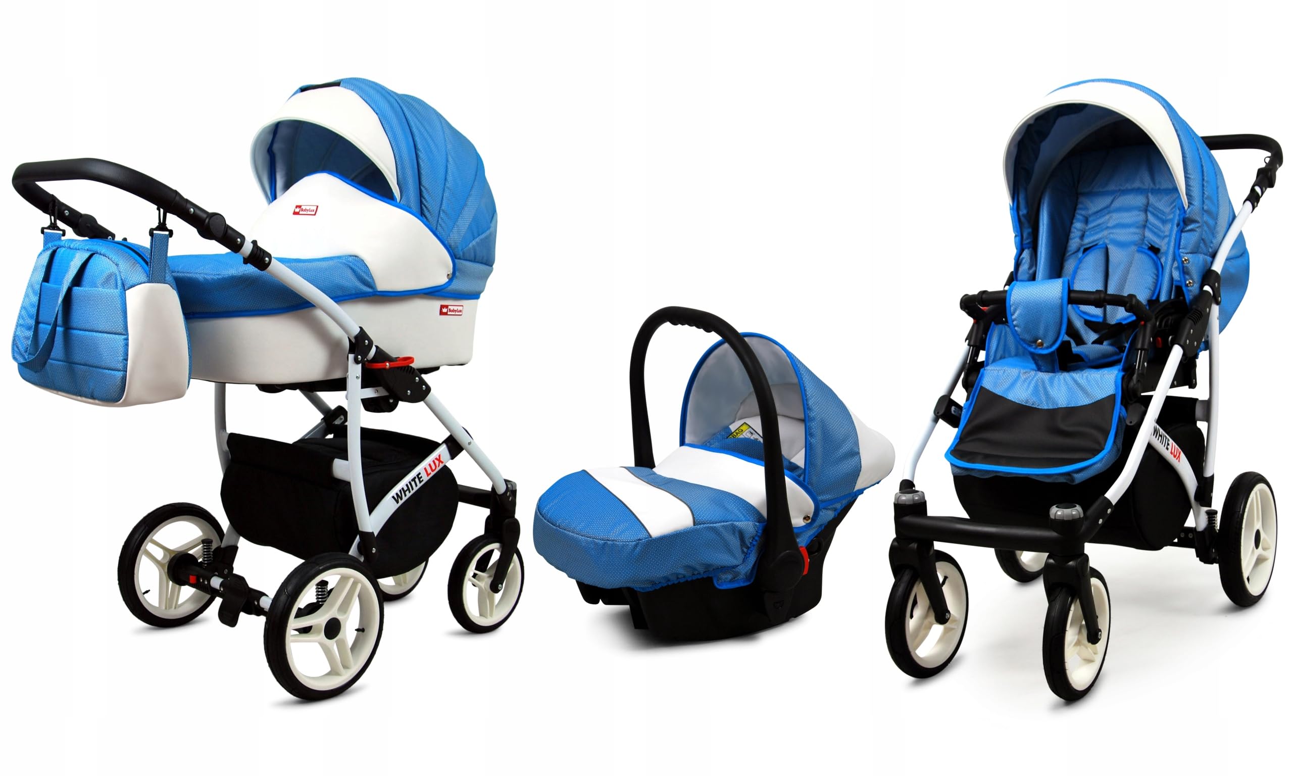 BabyLux® Kinderwagen Set 3 in 1 - White Lux - incl. Babywanne, Buggy Sportsitz, Auto-Babyschale - Autositz - Kinderwagenset - Kombikinderwagen mit Wickeltasche, Regenschutz usw.