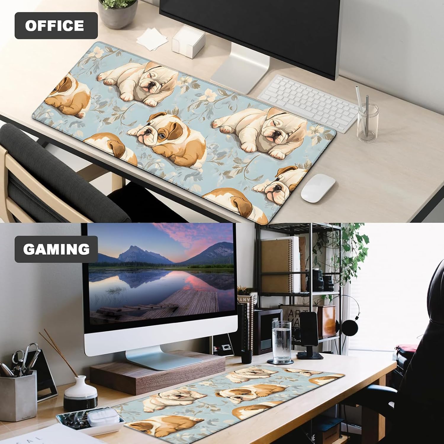 Cute Dog Gaming Mouse Pad,12x31.5in Non-Slip Rubber Puppy Desk Mat,Large Extended Mousepad for Office Home Laptop,Mice Pads Gifts,Game Lover Deskmat Decor (English Bulldog and Blue Floral)