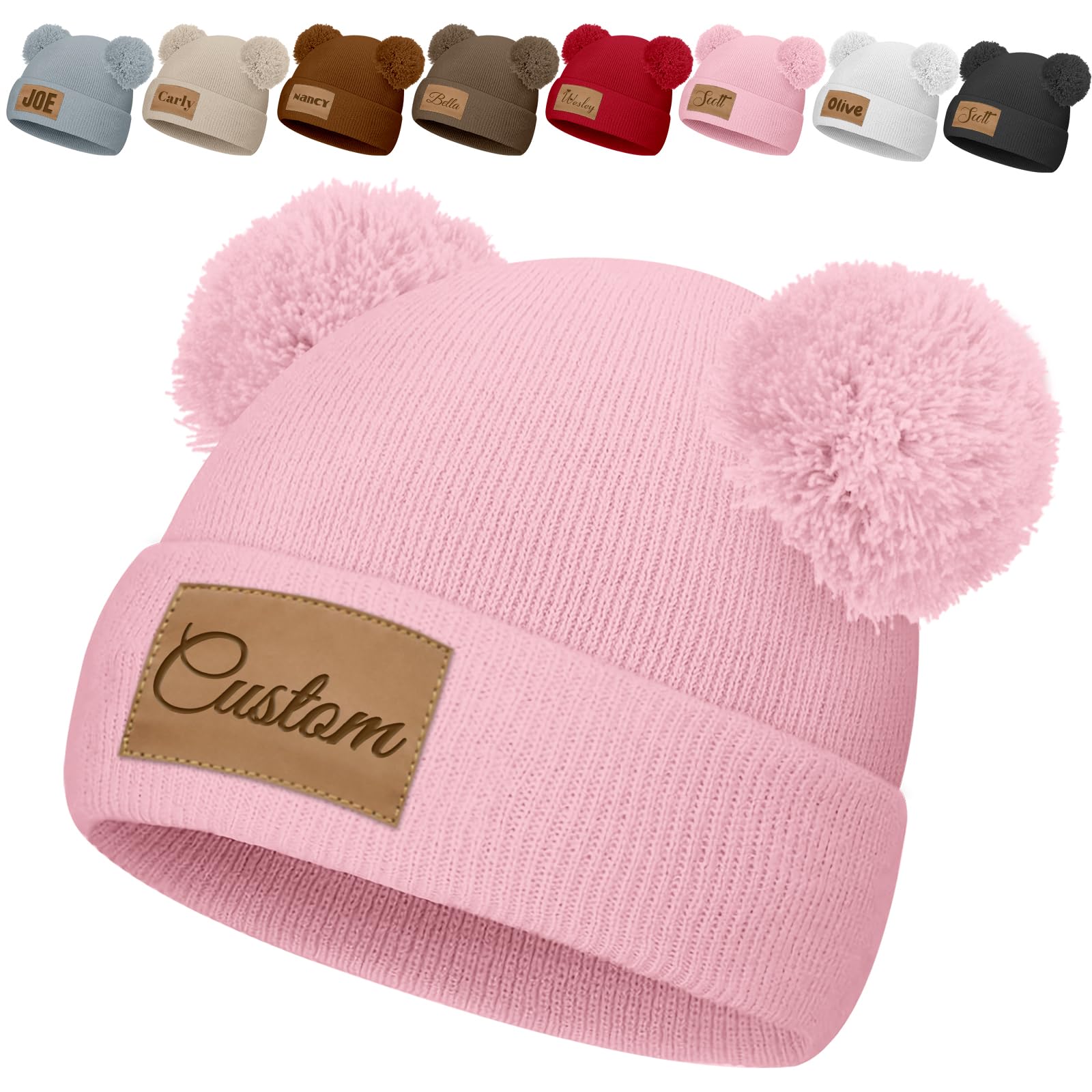 Custom Toddler Infant Beanie Hat Personalized Kids Winter Pom Hats Leather Patch Knit Beanies Warm Cap for Baby Boys Girls Pink