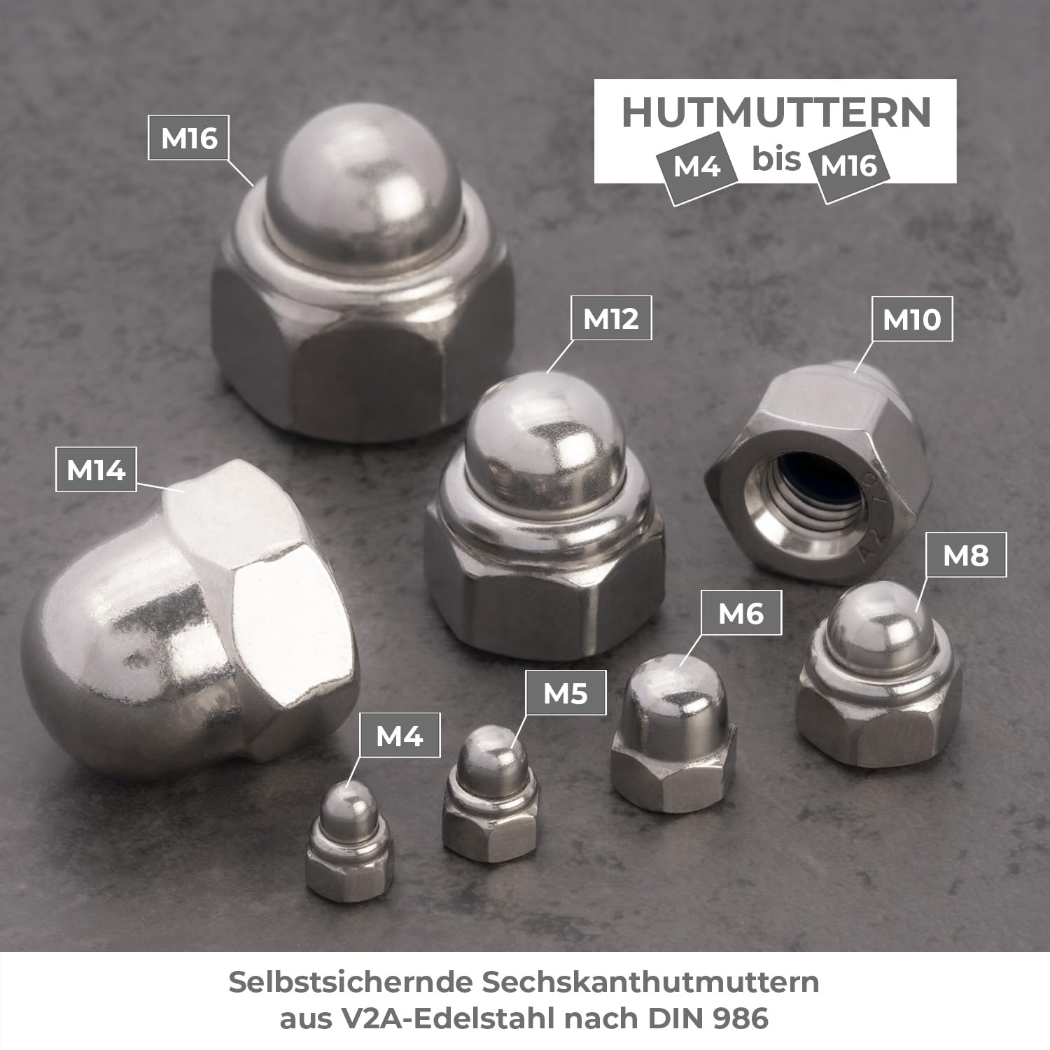 Hutmuttern M12 100 Stück Sechskanthutmuttern hohe Form Kappenmuttern aus nicht rostendem Edelstahl A2 V2A Muttern Schutzkappen für Gewindestangen, Gewindebolzen und Schrauben DIN 986