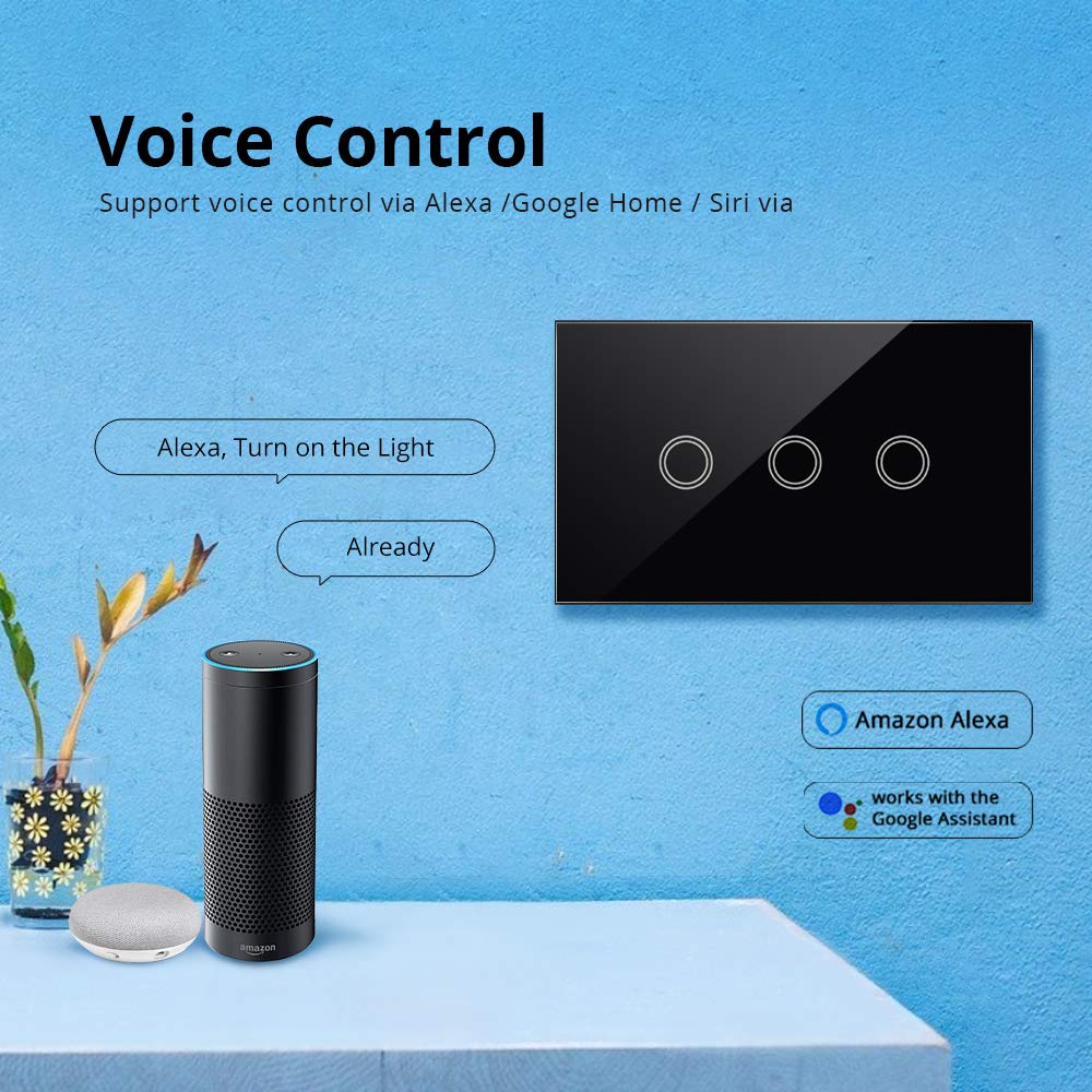 US Wifi Interruttore Intelligente Luce Wireless WiFi da Muro,con Power Monitor,App Controllo Remoto,Funzione Timer,Controllo Vocale (3 gang, nero)