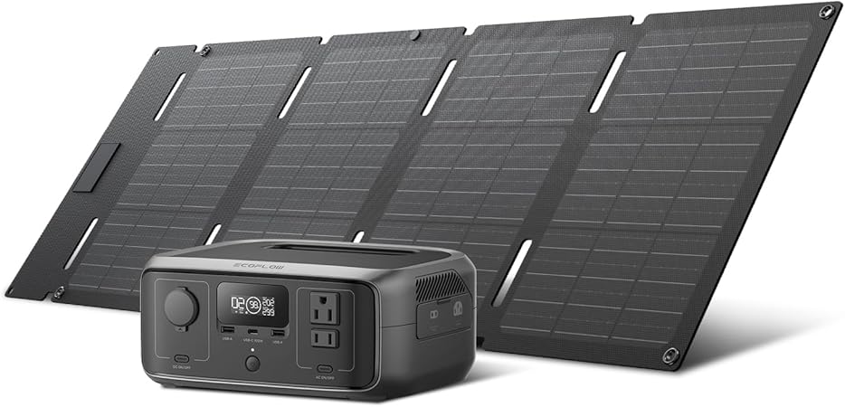 EF ECOFLOW Solar Generator RIVER 3 with 45W Solar Panel, 245Wh Portable Power Station LiFePO4 Battery, 300W Up to 600W AC Output, <20 MS UPS, 1Hr Fast Charging Power Station for Outdoor/Camping/RVs