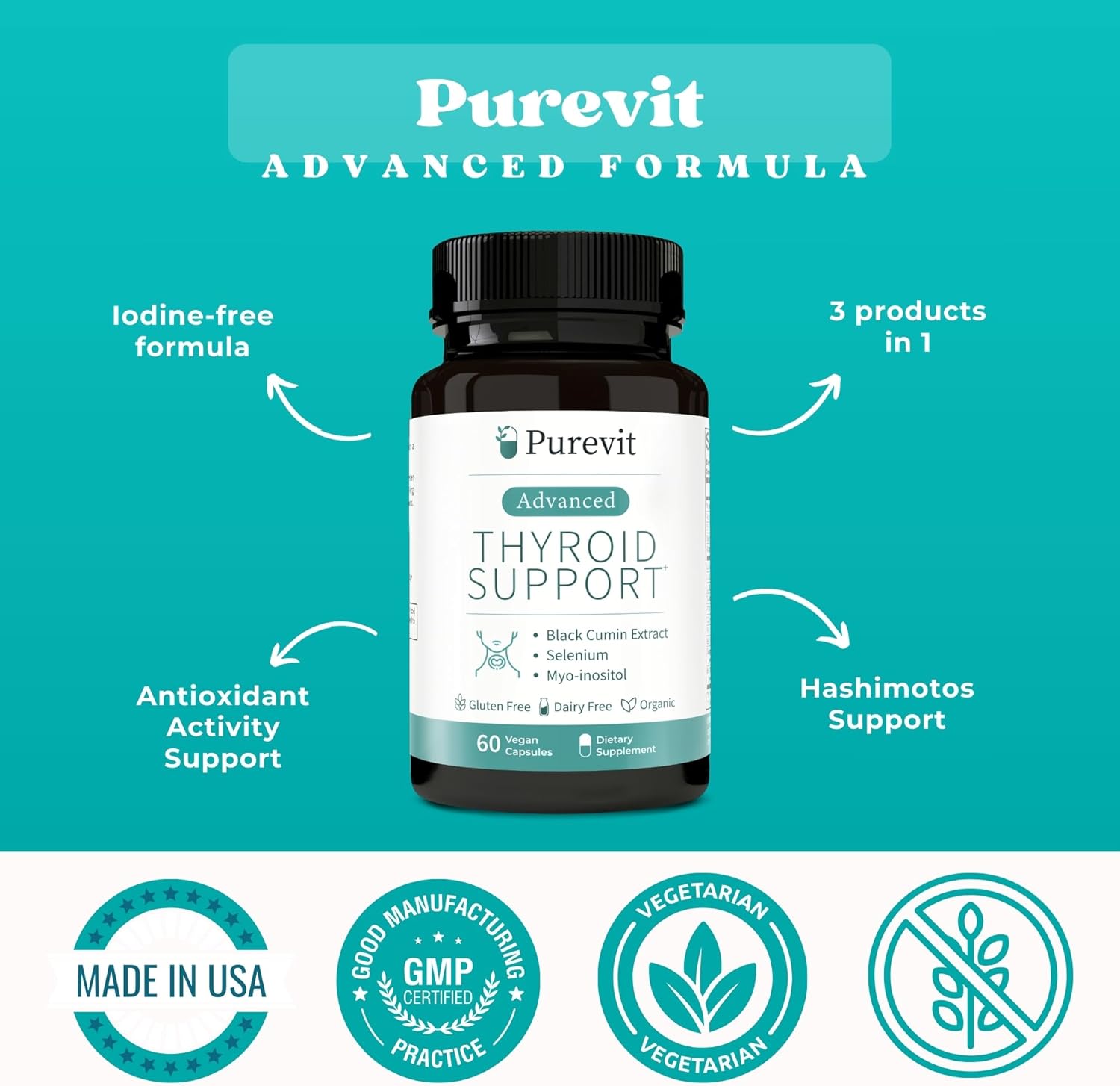 Advanced Thyroid Support Supplement with Black Cumin Extract, Selenium, Myo-inositol, Thyroid Support for Hashimotos and Hypothyroidism, 60 Capsules