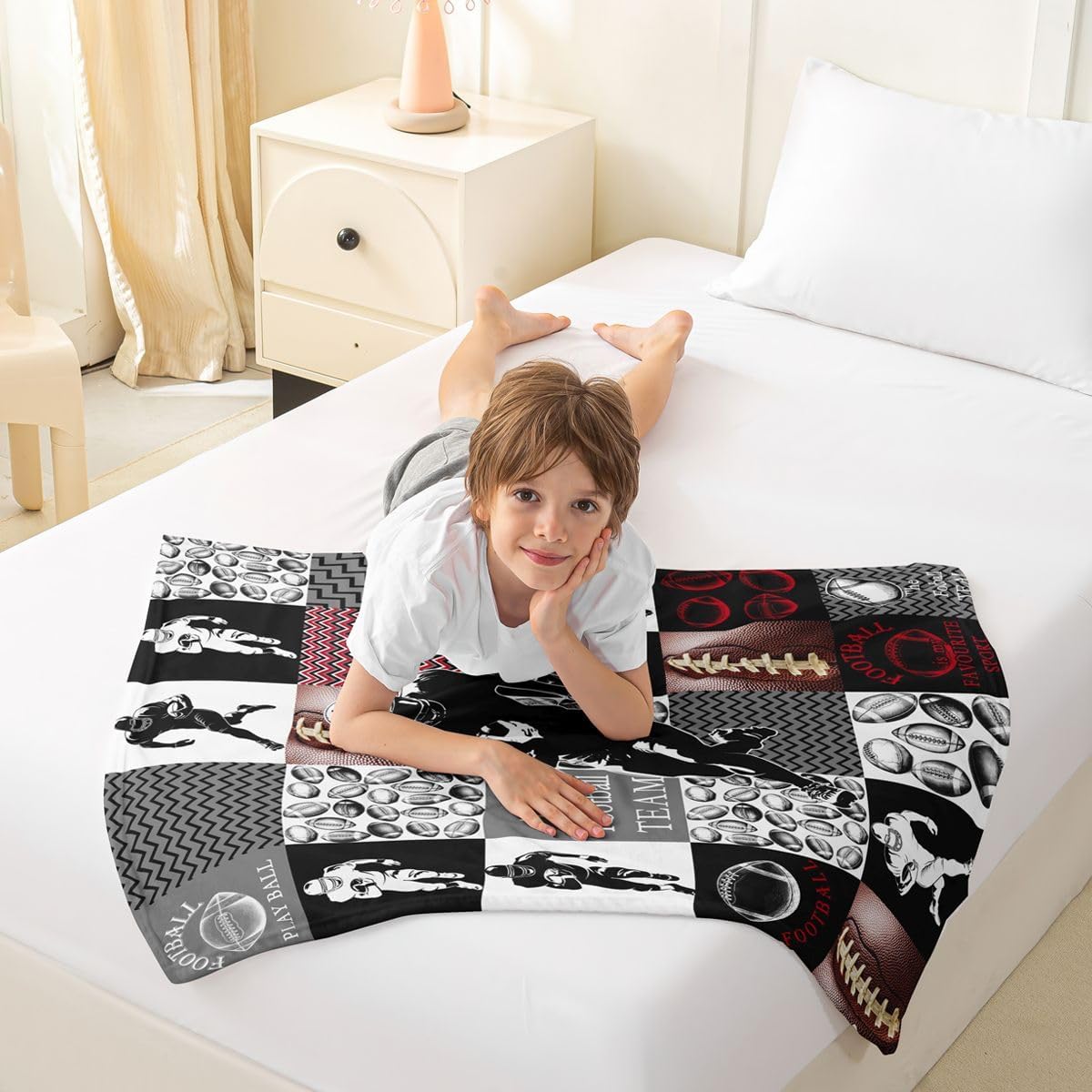 Feelyou Football Fleece Throw Blanket Sports Geometric Black Patchwork Flannel Blanket Plush Fuzzy Rugby Gaming Sports for Bed Couch Chair Living Room Queen 90"x90" Bedroom Decor image 5