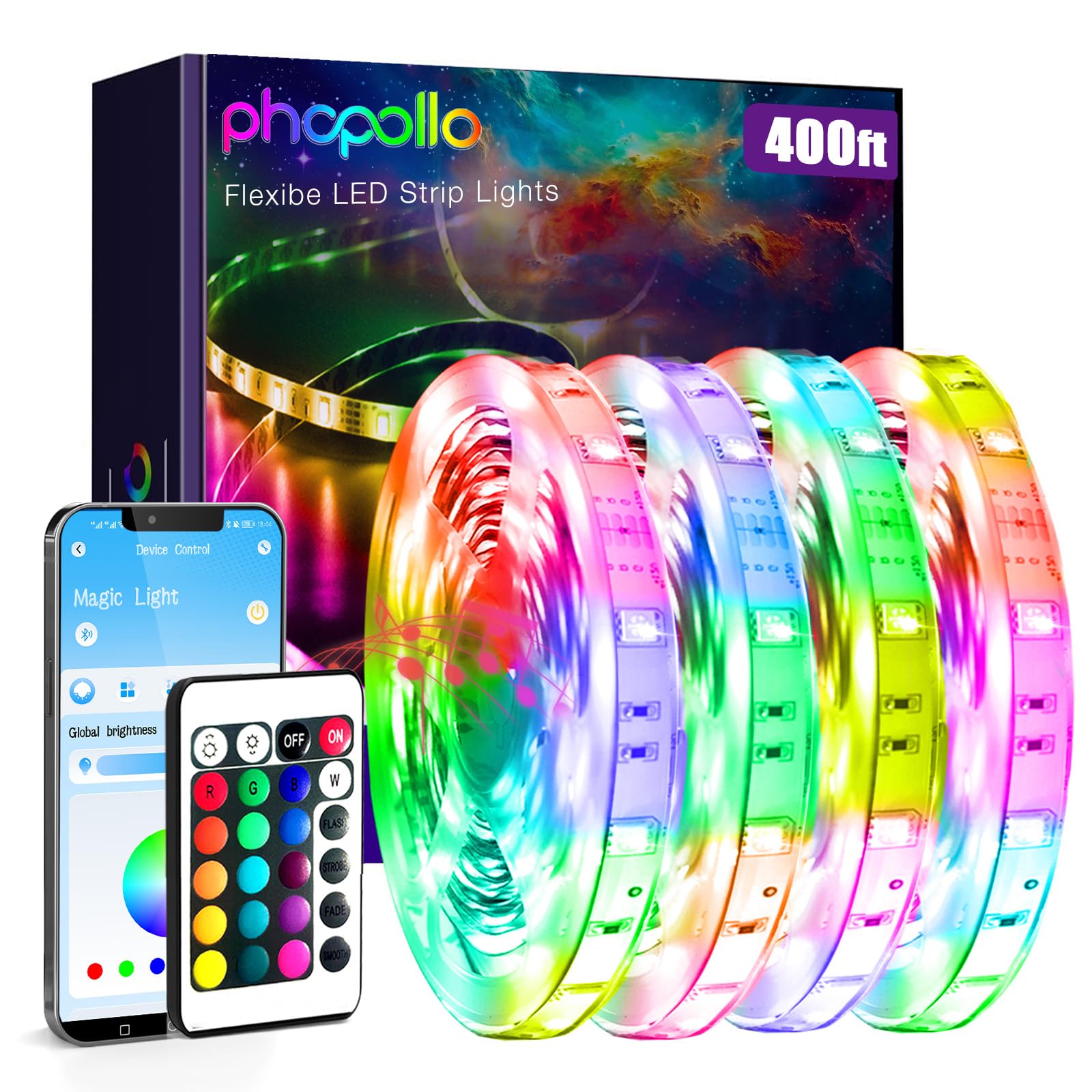 phopollo Bluetooth 24V Led Strip Lights 400ft (4 Rolls of 400FT, Multicolor
