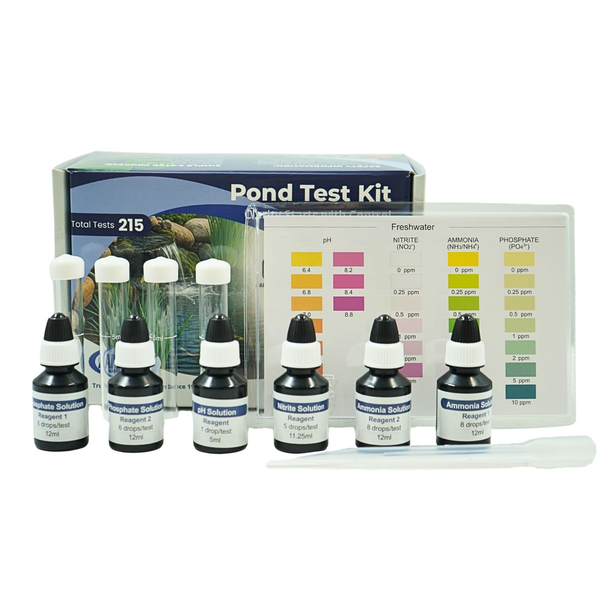 HALF OFF PONDS Pond Water Test Kit, 215 Tests - 4-in-1 Water Quality Test Kit for pH, Ammonia, Nitrite & Phosphate, Freshwater Pond & Aquarium Water Testing Kit, Glass Test Tubes