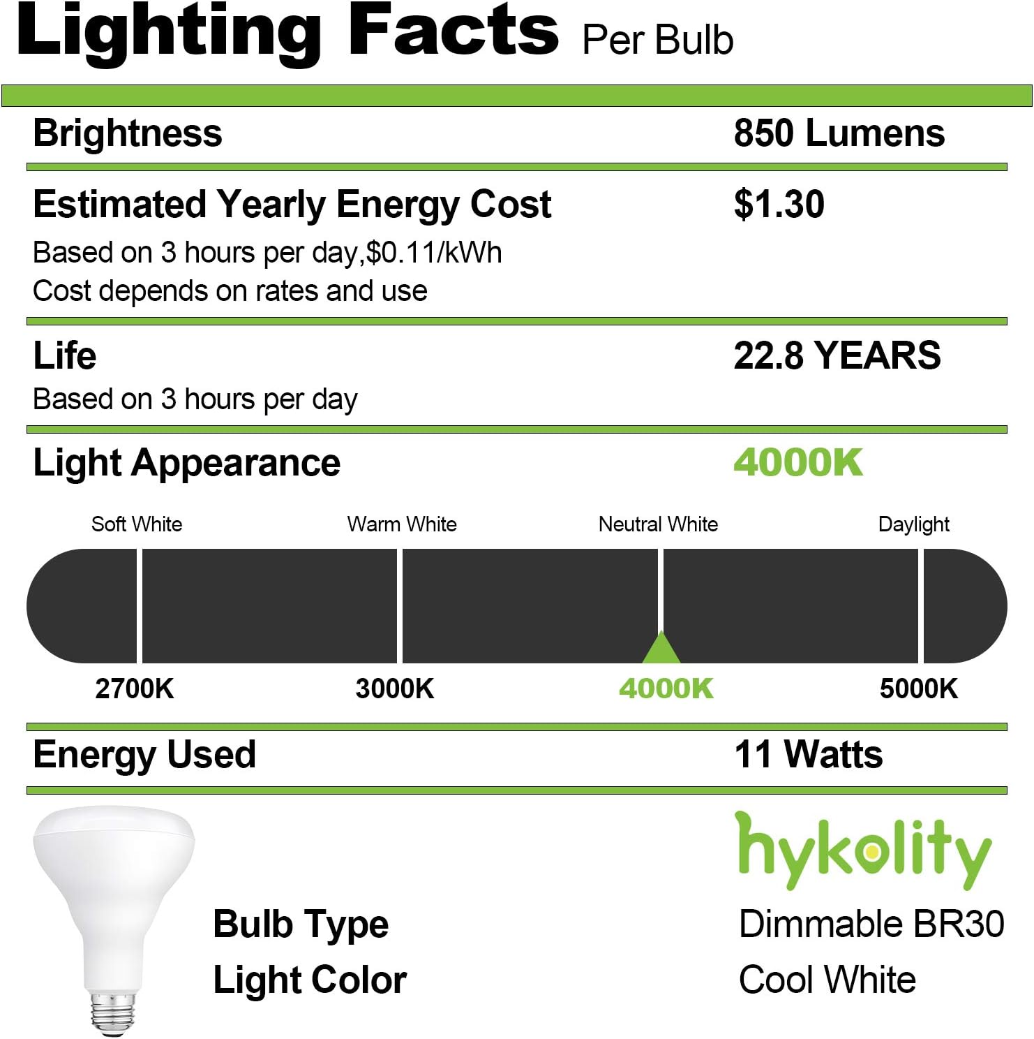 hykolity 6 Pack Flood Light Bulb, BR30 LED Bulb for Indoor/Outdoor Downlight Recessed Can Light, Dimmable, 11W=75W, 4000K Cool White, 850lm, E26 Base, UL Listed