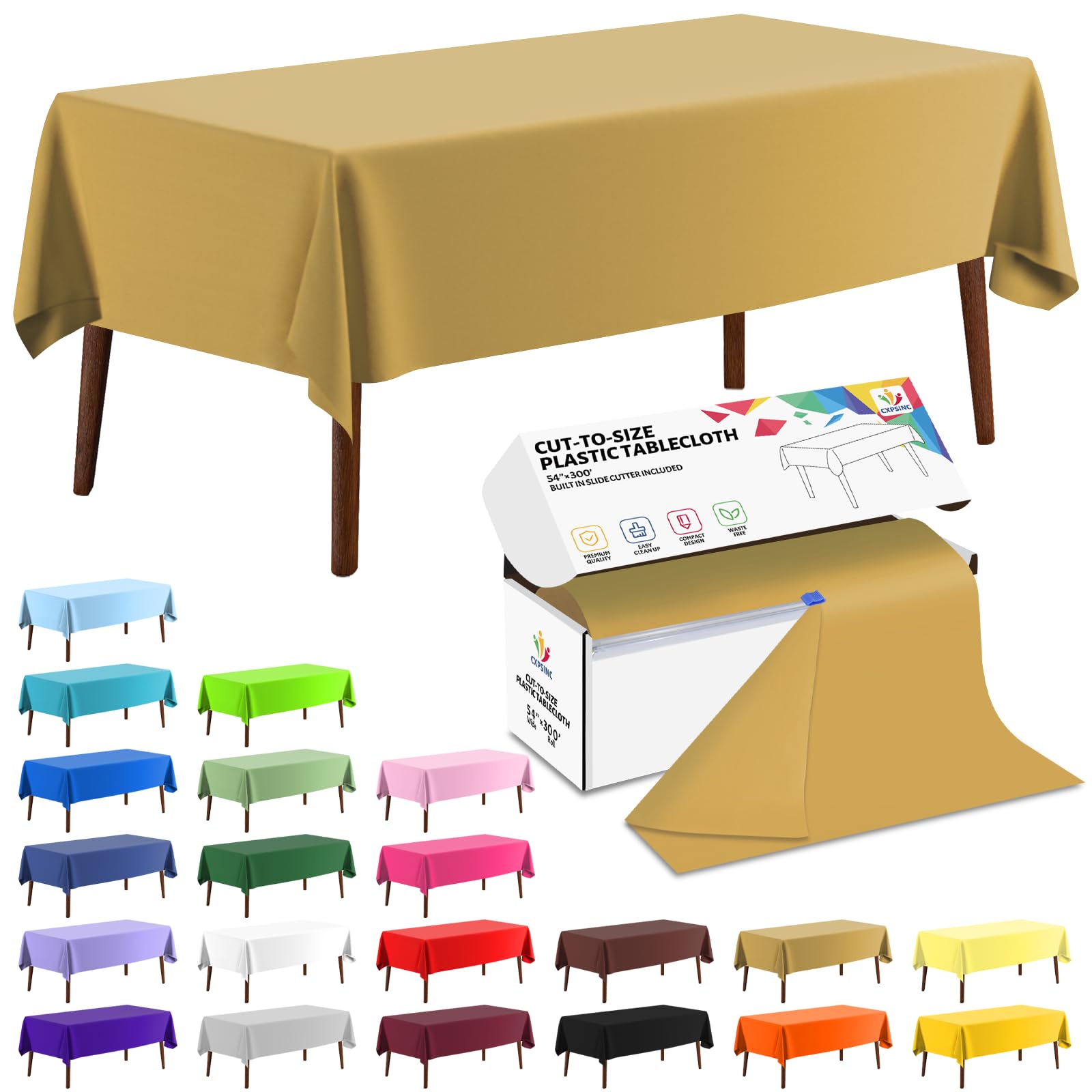 CXPSINC 54 Inch X 300 Feet Plastic Table Cover Roll Disposable Tablecloth with Slide Cutter for All Type/Shape Tables | Party, Banquet, Birthdays, Weddings(Gold, 300 Feet)