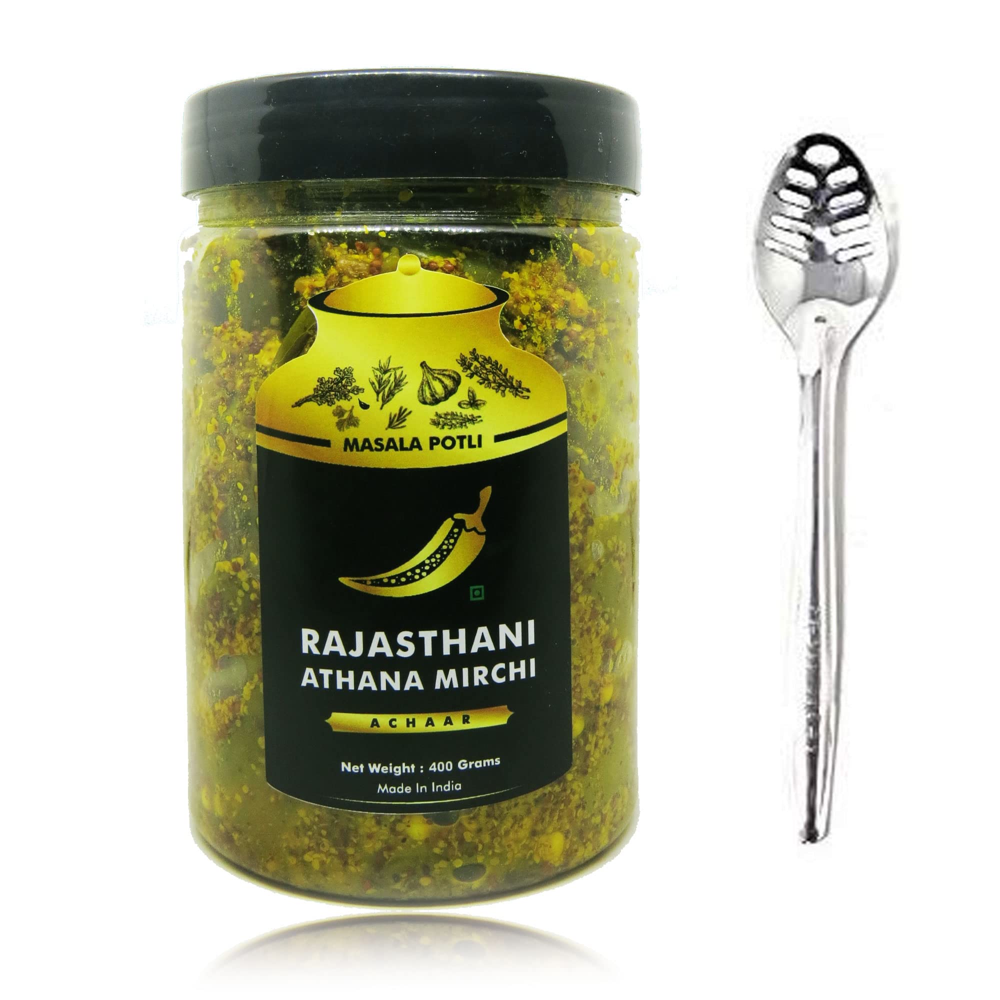 MASALA POTLI� Homemade Rajasthani Athana Mirchi Achar & Spoon | Marwadi Green Chilly Pickle 400 Grams (B09W2VXHKS) Amazon Price History, Amazon Price Tracker