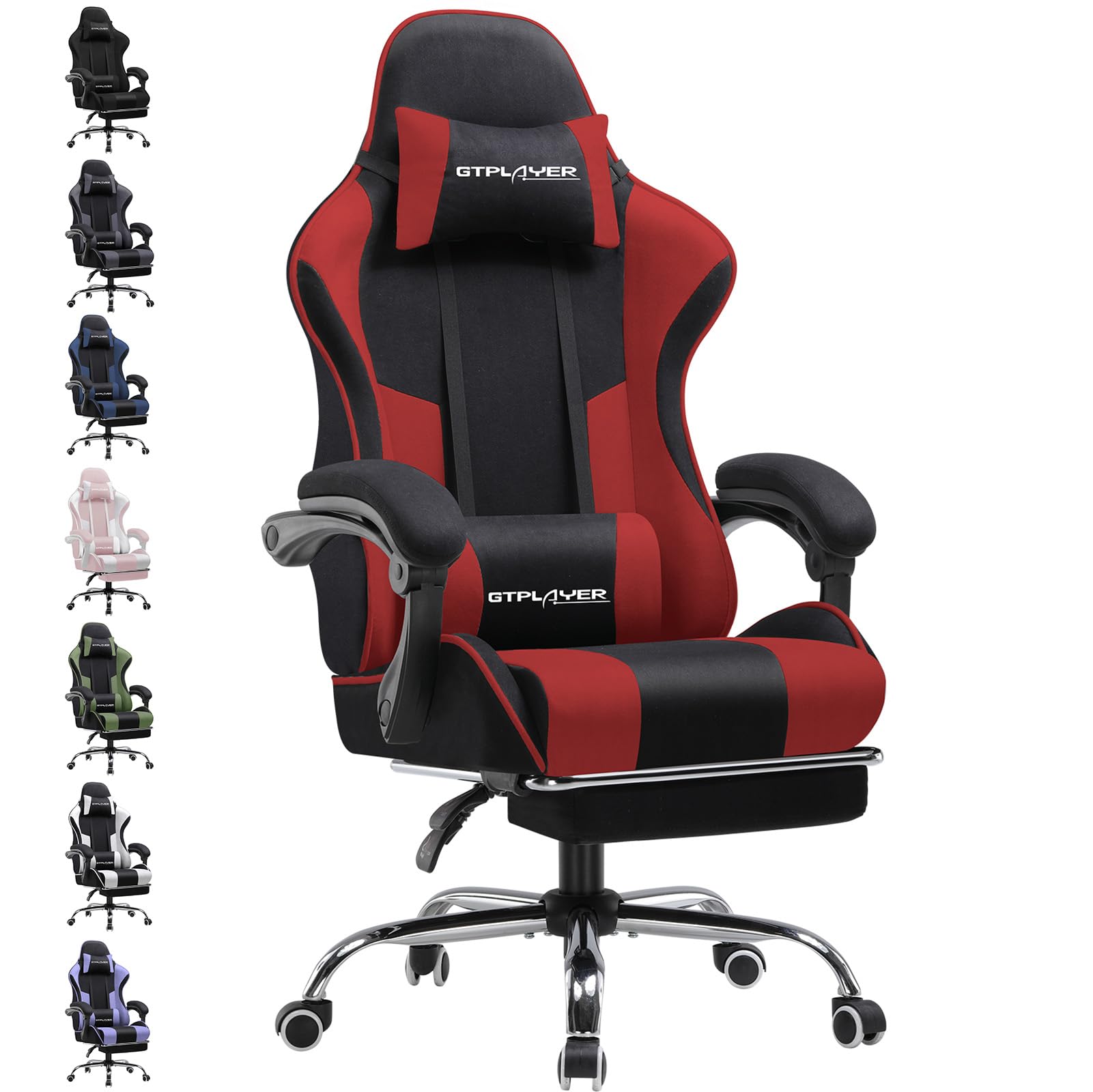 GTPLAYER Gaming Chair mit Kopfstütze, Massage-Lendenkissen und Fußstütze – roter Drehsessel