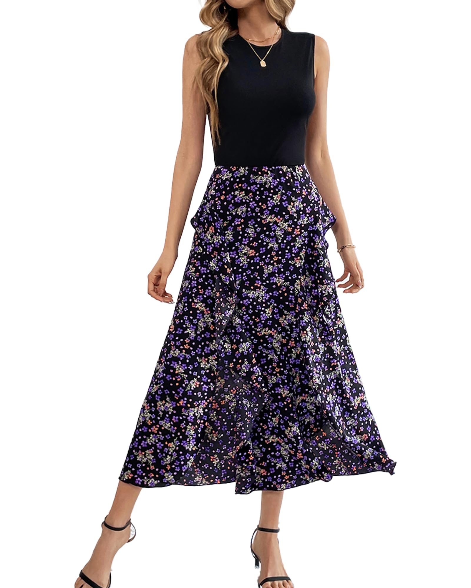 BTFBM Summer Dresses for Women Wedding Guest | Boho Floral Print, Sleeveless, Crewneck, Ruffle Midi Dress For Cocktail, Graduation, Homecoming, Party, Casual Fall 2026