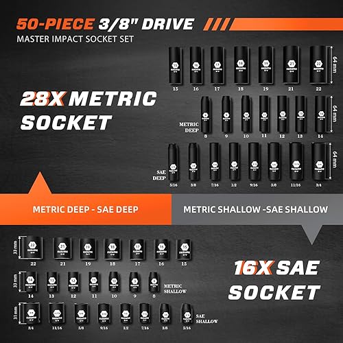 Miniatura 2 de SUZUME Juego de llaves de impacto de 3/8, acero Cr-V, 6 puntas, accionamiento de 3/8", 50 piezas métricas estándar (8-22mm) y SAE (5/16-pulgadas a
