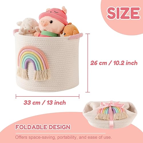 Miniatura 5 de INough Cestas de almacenamiento de juguetes cesta de almacenamiento de cuerda de algodón tejida con decoración de arco iris para niños, cestas de